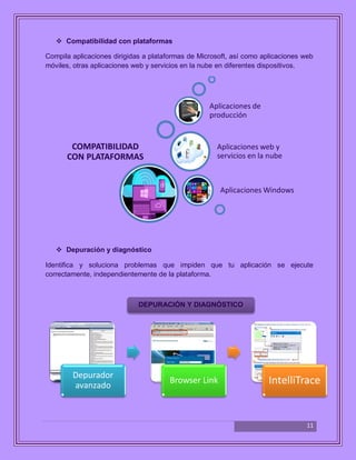 11
 Compatibilidad con plataformas
Compila aplicaciones dirigidas a plataformas de Microsoft, así como aplicaciones web
móviles, otras aplicaciones web y servicios en la nube en diferentes dispositivos.
 Depuración y diagnóstico
Identifica y soluciona problemas que impiden que tu aplicación se ejecute
correctamente, independientemente de la plataforma.
COMPATIBILIDAD
CON PLATAFORMAS
Aplicaciones Windows
Aplicaciones web y
servicios en la nube
Aplicaciones de
producción
Depurador
avanzado
Browser Link IntelliTrace
DEPURACIÓN Y DIAGNÓSTICO
 