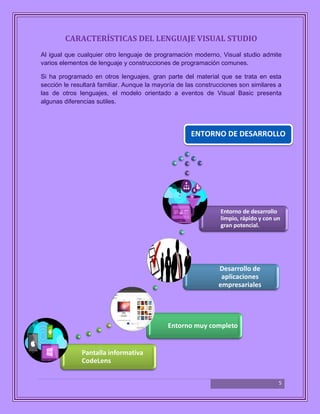 5
CARACTERÍSTICAS DEL LENGUAJE VISUAL STUDIO
Al igual que cualquier otro lenguaje de programación moderno, Visual studio admite
varios elementos de lenguaje y construcciones de programación comunes.
Si ha programado en otros lenguajes, gran parte del material que se trata en esta
sección le resultará familiar. Aunque la mayoría de las construcciones son similares a
las de otros lenguajes, el modelo orientado a eventos de Visual Basic presenta
algunas diferencias sutiles.
Pantalla informativa
CodeLens
Entorno muy completo
Desarrollo de
aplicaciones
empresariales
Entorno de desarrollo
limpio, rápido y con un
gran potencial.
ENTORNO DE DESARROLLO
 