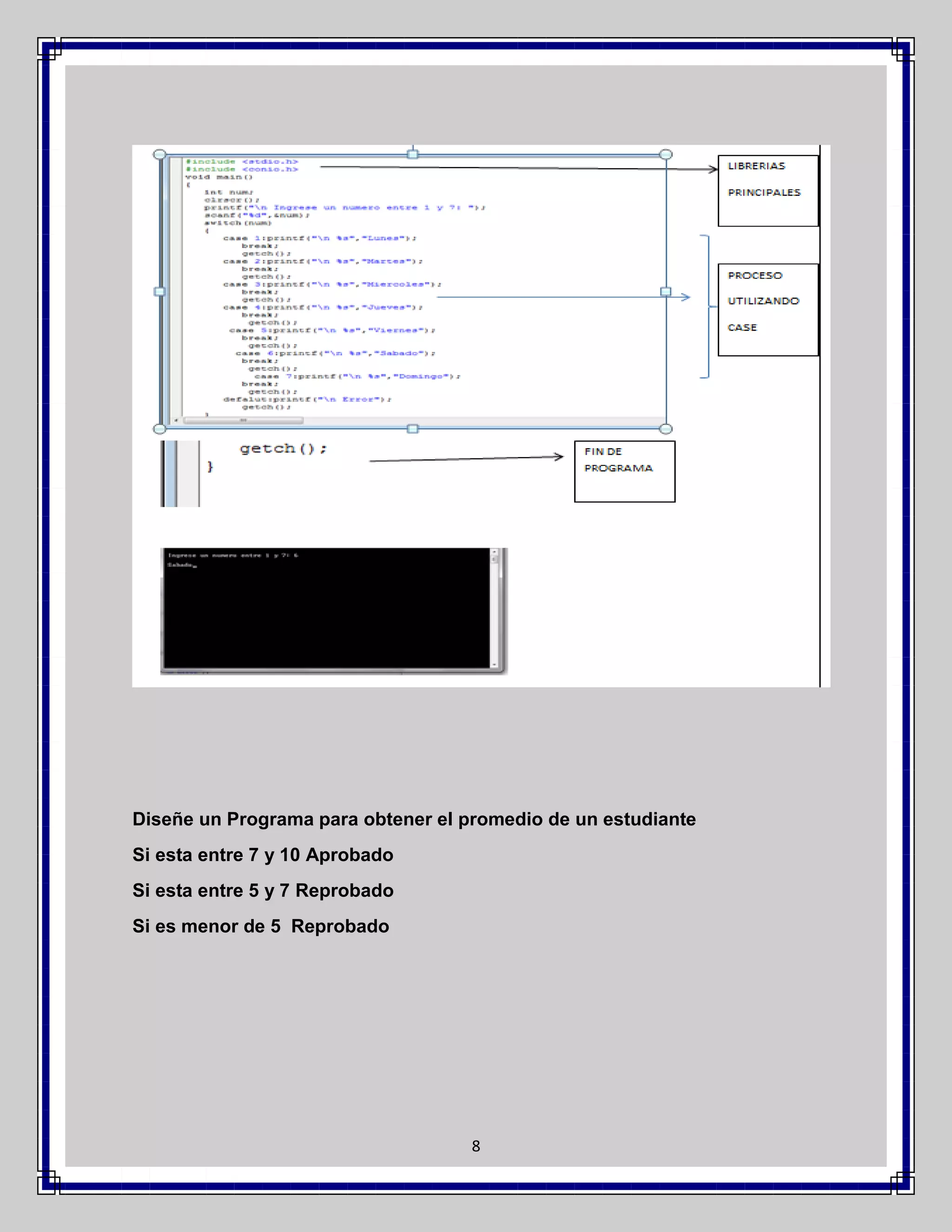 Diseñe un Programa para obtener el promedio de un estudiante
Si esta entre 7 y 10 Aprobado
Si esta entre 5 y 7 Reprobado
Si es menor de 5 Reprobado

8

 
