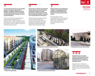 11
La conversión de Carlos I en una avenida
urbana, con espacios peatonales y
bidegorri, signiﬁcará eliminar la actual
trinchera que divide al barrio de amara.
Las obras de reforma actuales no son la
solución deﬁnitiva.
Carlos I.a hiri barruko hiribide bihurtuz
–oinezkoentzako espazioekin eta
bidegorriarekin–, amara auzoa gaur egun
banatzen duen lubakia ezabatuko da. Gaur
egun egiten ari diren eraberritze-lanak ez
dira behin betiko soluzioa.
Rehabilitaremos las plazas
interiores de amara que se han
quedado obsoletas en la zona
de Catalina erauso-Podavines,
Soldados, Sauce…
Katalina Erauso / Podavines,
Soldadu plaza, Sahatsaren plaza…
inguruan zaharkituta geratu diren
amarako barruko plazak birgaituko
ditugu.
1
Una vez que la estación de autobuses
de atotxa entre en funcionamiento,
proponemos adaptar la actual
parcela de la estación junto al hotel
amara Plaza para mejorar el viario y
la circulación del barrio de amara.
atotxako autobus-geltokia martxan
jartzen denean, amara Plaza
hotelaren ondoko geltokiaren gaur
egungo partzela amara auzoaren
zirkulazioa eta bideak hobetzeko
egokitu dadin proposatzen dugu.
2
negociaremos con el estado para
recuperar la Subdelegación del
Gobierno de Pío XII como Casa
de Cultura y Sede del Distrito de
amara.
Pio XII.eko Gobernuaren
azpiordezkaritza berreskuratzeko
Estatuarekin negoziatuko dugu,
Kultur Etxea eta amarako
Barrutiaren egoitza bertan
jartzeko.
3
4 - 5 - 6
1|CarlosI:unaavenidaurbana 4|ReformadelasplazasinterioresdeAmara.
3|SededelDistritoyCasadeCulturadeAmara.2|EliminacióndelaestacióndeautobusesdeAmara.
MÁS CIUDAD
HIRI KUTSU
HANDIAGOA
 