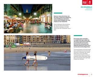 23
Generar zonas atractivas, con
terrazas y comercios singulares,
como medida para favorecer
nuevas oportunidades de crear
empleo en San Sebastián.
Gune erakargarriak prestatzea,
terraza eta denda bereziekin,
Donostian enplegua sortzeko
aukera berriak sustatzeko neurri
gisa.
el turismo está creciendo y
la ciudad tiene que cuidar sus
servicios y atractivos turísticos.
La práctica del surf es foco
de atracción emergente que
debemos potenciar, junto con el
turismo de eventos deportivos.
turismoa hazten ari da eta hiriak
bere zerbitzuak eta turismorako
elementu erakargarriak zaindu
behar ditu. Kirol-ekitaldien
turismoarekin batera, surfaren
praktika zaindu egin behar dugu
gero eta kanpoko jende gehiago
erakartzen duelako.
MÁS DESArroLLo
GARAPEN
HANDIAGOA
 