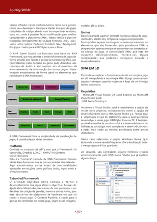 a programar


versão introduz vários melhoramentos tanto para gamers          modelos 3D ou áudio.
como para developers. Incorpora starter kits que são jogos
completos de código aberto com as respectivas texturas,         Games
sons, etc. onde é possível fazer modificações para melhor
                                                                Esta é a camada superior, consiste no nosso código de jogo,
compreender a plataforma XNA.. Nesta versão é possível
                                                                conteúdos, starter kits, templates e alguns componentes.
incorporar directamente do VS2008 ficheiros .mp3, .wav,
                                                                Como podem reparar na imagem, a verde encontramos os
.wmv, entre outros. Podemos também fazer deployment
                                                                elementos que são fornecidos pela plataforma XNA: o
dos jogos criados para a XBOX360 e para o Zune.
                                                                programador apenas tem que se concentrar nos conteúdos e
                                                                no código do jogo. A comunidade XNA, que está em
O XNA Game Studio 3.0 funciona com base no XNA
                                                                crescente desenvolvimento, fornece-nos alguns
Framework, que nos permite o desenvolvimento de jogos de
                                                                componentes que podemos incorporar durante o
forma simples pois facilita o acesso ao hardware gráfico, aos
                                                                desenvolvimento.
controladores (rato, teclado ou game pad) utilizados, aos
recursos de áudio e até mesmo aos dispositivos de
armazenamento de informação dos nossos jogos. Nesta             XNA EM 2D
imagem encontramos de forma geral os elementos que
constituem a XNA Framework.                                     Pretende-se explicar o funcionamento de um simples jogo
                                                                em 2D manipulando a tecnologia XNA. O jogo consiste num
                                                                jogador conseguir apanhar objectos e fugir de um inimigo
                                                                dentro do cenário.

                                                                Requisitos:
                                                                - Microsoft Visual Studio C# 2008 Express ou Microsoft
                                                                Visual Studio 2008,
                                                                - XNA Game Studio 3.0.

                                                                Iniciamos o Visual Studio 2008 e escolhemos a opção de
                                                                iniciar novo projecto, seleccionando assim a opção de
                                                                desenvolvimento com o XNA Game Studio 3.0. Temos aqui
                                                                à disposição o tipo de plataforma para o qual queremos
                                                                desenvolver o nosso jogo: XBOX360, Zune ou PC. É também
                                                                possível a escolha de um starter kit e o desenvolvimento de
                                                                bibliotecas para jogos mais complexos e serem adicionadas
                                                                a estes mais tarde ou mesmo partilhadas entre outros
                                                                utilizadores.
A XNA Framework foca a simplicidade de construção de
jogos, é constituída por várias camadas:                        Neste caso selecionei a opção Windows Game (3.0)
                                                                atribuindo o nome revistaProgramar2D e a localização onde
Platform                                                        o meu projecto irá ficar guardado.
Consiste no conjunto de API’s com que a Framework foi
construída, Direct3D 9, XACT, XINPUT e XContent.                De seguida, são carregados alguns ficheiros criados
Core Framework                                                  automaticamente pelo XNA Game Studio que já contêm
Esta é a “primeira” camada da XNA Framework fornece             algum código.
várias áreas funcionais que as outras camadas irão extender.
Aqui encontramos várias áreas de funcionalidades
agrupadas em secções como gráficos, áudio, input, math e
armazenamento.

Extended Framework
O principal objectivo desta camada é tornar o
desenvolvimento dos jogos eficaz e objectivo. Através do
Application Model não precisamos de nos preocupar com
detalhes da criação de janelas, timers e outros items, pois
este abstrai-nos da plataforma de hardware em que irá
correr o nosso jogo. O Content Pipeline, é usado para a
gestão de conteúdos do nosso jogo, sejam esses imagens,



                                                          <30>
 