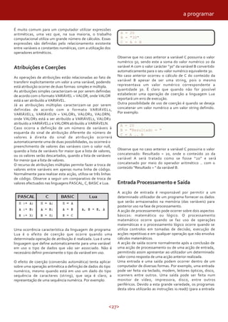 <27>
É muito comum para um computador utilizar expressões
aritméticas, uma vez que, na sua maioria, o trabalho
computacional utiliza um grande número de cálculos. Essas
expressões são definidas pelo relacionamento existente
entre variáveis e constantes numéricas, com a utilização dos
operadores aritméticos.
Atribuições e Coerções
As operações de atribuições estão relacionadas ao fato de
transferir explicitamente um valor a uma variável, podendo
está atribuição ocorrer de duas formas: simples e múltipla.
As atribuições simples caracterizam-se por serem definidas
de acordo com o formato VARIÁVEL = VALOR, onde VALOR
está a ser atribuído a VARIÁVEL.
Já as atribuições múltiplas caracterizam-se por serem
definidas de acordo com o formato VARIÁVEL1,
VARIÁVEL2, VARIÁVELN = VALOR1, VALOR2, VALORN;
onde VALOR1 está a ser atribuído a VARIÁVEL1, VALOR2
atribuído a VARIÁVEL2 e VALORN atribuído a VARIÁVELN.
Caso ocorra a definição de um número de variáveis à
esquerda do sinal de atribuição diferente do número de
valores à direita do sinal de atribuição ocorrerá
automaticamente uma de duas possibilidades, ou ocorrerá o
preenchimento de valores das variáveis com o valor null,
quando a lista de variáveis for maior que a lista de valores,
ou os valores serão descartados, quando a lista de variáveis
for menor que a lista de valores.
O recurso de atribuições múltiplas permite fazer a troca de
valores entre variáveis em apenas numa linha de código.
Normalmente para realizar esta acção, utiliza-se três linhas
de código. Observe a seguir um comparativo de troca de
valores efectuados nas linguagens PASCAL, C, BASIC e Lua.
Uma ocorrência característica da linguagem de programa
Lua é o efeito de coerção que ocorre quando uma
determinada operação de atribuição é realizada. Lua é uma
linguagem que define automaticamente para uma variável
em uso o tipo de dados que vão ser associado. Não é
necessário definir previamente o tipo da variável em uso.
O efeito de coerção (conversão automática) tenta aplicar
sobre uma operação aritmética a definição de dados do tipo
numérico, mesmo quando está em uso um dado do tipo
sequência de caracteres (string), que seja é claro, a
representação de uma sequência numérica. Por exemplo:
A = 20
B = "30"
C = A + B
Observe que no caso anterior a variável C possuiria o valor
numérico 50, sendo este a soma do valor numérico 20 da
variável A com o valor carácter “30” da variável B convertido
automaticamente para o seu valor numérico equivalente 30.
No caso anterior ocorreu o cálculo de C do conteúdo da
variável B apesar de ser uma string, pois o mesmo
representava um valor numérico correspondente a
quantidade 30. É claro que quando não for possível
estabelecer uma operação de coerção a linguagem Lua
reportará um erro de execução.
Outra possibilidade de uso de coerção é quando se deseja
concatenar um valor numérico a um valor string definido.
Por exemplo:
A = 20
B = "Resultado = "
C = A .. B
Observe que no caso anterior a variável C possuiria o valor
concatenado: Resultado = 20, onde o conteúdo 20 da
variável A será tratado como se fosse “20” e será
concatenado por meio do operador aritmético .. com o
conteúdo “Resultado = ” da variável B.
Entrada Processamento e Saída
A acção de entrada é responsável por permitir a um
determinado utilizador de um programa fornecer os dados
que serão armazenados na memória (das variáveis) para
posterior uso na fase de processamento.
A acção de processamento pode ocorrer sobre dois aspectos
básicos: matemático ou lógico. O processamento
matemático ocorre quando se faz uso de operações
matemáticas e o processamento lógico ocorre quando se
utiliza controlos em tomadas de decisão, execução de
acções repetitivas e em qualquer operação que não envolva
cálculos matemáticos.
A acção de saída ocorre normalmente após a conclusão de
uma acção de processamento ou de uma acção de entrada,
permitindo assim apresentar ao utilizador um determinado
valor como resposta de uma acção anterior realizada.
Uma entrada e uma saída podem ocorrer dentro de um
computador de diversas formas. Por exemplo, uma entrada
pode ser feita via teclado, modem, leitores ópticos, disco,
scanners entre outros. Uma saída pode ser feita num
monitor de vídeo, impressora, disco, entre outros
periféricos. Devido a esta grande variedade, os programas
desta obra utilizarão as instruções io.read() (para a entrada
A = 20
B = "30"
C = A + B
A = 20
B = "Resultado = "
C = A .. B
a programar
 