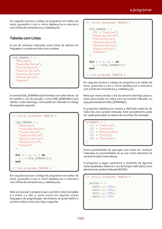 <15>
Em seguida escreva o código do programa num editor de
texto, gravando-o com o nome tabela03.lua e execute-o
com a linha de comando lua 5.1 tabela03.lua.
Tabelas com Listas
O uso de variáveis indexadas como listas de valores em
linguagem Lua pode ser feita com a sintaxe:
A variável DIA_SEMANA está formada com sete índices. Se
for pedido o uso da posição 1 como DIA_SEMANA[1] será
obtido o valor domingo, como pode ser indicado no código
de programa seguinte:
Em seguida escreva o código do programa num editor de
texto, gravando-o com o nome tabela04.lua e execute-o
com a linha de comando lua 5.1 tabela04.lua.
Note ao executar o programa que o primeiro índice da tabela
é o índice 1 e não 0, como ocorre em algumas outras
linguagens de programação. No entanto, se quiser definir o
primeiro índice como zero, faça o seguinte:
Em seguida escreva o código do programa num editor de
texto, gravando-o com o nome tabela05.lua e execute-o
com a linha de comando lua 5.1 tabela05.lua.
Note que nesta versão o dia da semana domingo passa a
estar posicionado no índice zero da variável indexada, ou
seja posicionado em DIA_SEMANA[0].
O programa tabela05.lua mostra a definição explicita do
índice de uma variável indexada. Este procedimento pode
ser usado para todos os valores de uma lista. Por exemplo:
Outra possibilidade de operação com listas em variáveis
indexadas é a possibilidade de se usar como elemento da
variável funções matemáticas.
O programa a seguir apresenta o resultado de algumas
raízes quadradas. Observe o uso da função math.sqrt() como
elemento da variável indexada RAIZES.
DIA_SEMANA = {
"domingo",
"segunda-feira",
"terca-feira",
"quarta-feira",
"quinta-feira",
"sexta-feira",
"sabado"
}
-- inicio programa TABELA 4
DIA_SEMANA = {
"domingo",
"segunda-feira",
"terca-feira",
"quarta-feira",
"quinta-feira",
"sexta-feira",
"sabado"
}
for I = 1, 7, 1 do
print(DIA_SEMANA[I])
end
-- fim programa TABELA 4
-- inicio programa TABELA 5
DIA_SEMANA = {
[0] = "domingo",
"segunda-feira",
"terca-feira",
"quarta-feira",
"quinta-feira",
"sexta-feira",
"sabado"
}
for I = 0, 6, 1 do
print(DIA_SEMANA[I])
end
-- fim programa TABELA 5
ALIMENTO = {
[1] = "cenoura",
[2] = "batata",
[3] = "beterraba",
[4] = "arroz",
[5] = "bacalhau"
}
-- inicio programa TABELA 6
RAIZES = {
math.sqrt(16),
math.sqrt(25),
math.sqrt(36),
math.sqrt(49)
}
a programar
 