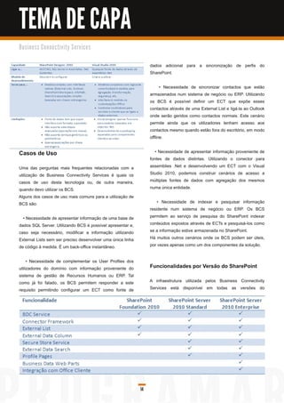 TEMA DE CAPA
B u s i n e s s C o n n e c ti vi ty S e rvi c e s


                                                                  dados adicional para a sincronização de perfis do
                                                                  SharePoint.

                                                                        • Necessidade de sincronizar contactos que estão
                                                                  armazenados num sistema de negócio ou ERP. Utilizando
                                                                  os BCS é possível definir um ECT que expõe esses
                                                                  contactos através de uma External List e ligá-la ao Outlook
                                                                  onde serão geridos como contactos normais. Este cenário
                                                                  permite ainda que os utilizadores tenham acesso aos
                                                                  contactos mesmo quando estão fora do escritório, em modo
                                                                  offline.

Casos de Uso                                                         • Necessidade de apresentar informação proveniente de
                                                                  fontes de dados distintas. Utilizando o conector para
Uma das perguntas mais frequentes relacionadas com a              assemblies .Net e desenvolvendo um ECT com o Visual
utilização de Business Connectivity Services é quais os           Studio 201 0, podemos construir cenários de acesso a
casos de uso desta tecnologia ou, de outra maneira,               múltiplas fontes de dados com agregação dos mesmos
quando devo utilizar os BCS.                                      numa única entidade.
Alguns dos casos de uso mais comuns para a utilização de
BCS são:                                                              • Necessidade de indexar e pesquisar informação
                                                                  residente num sistema de negócio ou ERP. Os BCS
  • Necessidade de apresentar informação de uma base de           permitem ao serviço de pesquisa do SharePoint indexar
dados SQL Server. Utilizando BCS é possível apresentar e,         conteúdos expostos através de ECTs e pesquisá-los como
caso seja necessário, modificar a informação utilizando           se a informação estive armazenada no SharePoint.
External Lists sem ser preciso desenvolver uma única linha        Há muitos outros cenários onde os BCS podem ser úteis,
de código à medida. É um back-office instantâneo.                 por vezes apenas como um dos componentes da solução.

     • Necessidade de complementar os User Profiles dos
utilizadores do domínio com informação proveniente do             Funcionalidades por Versão do SharePoint
sistema de gestão de Recursos Humanos ou ERP. Tal
como já foi falado, os BCS permitem responder a este              A infraestrutura utilizada pelos Business Connectivity
requisito permitindo configurar um ECT como fonte de              Services está disponível em todas as versões do




                                                             14
 