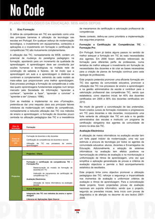 No Code
PLANO TECNOLÓGICO DA EDUCAÇÃO: SEIS ANOS DEPOIS
3.     Eixo Formação                                                         de mecanismos de certificação e valorização profissional de
                                                                             competências
O défice de competências em TIC era apontado como uma
das principais barreiras à utilização da tecnologia nas                      Neste contexto, definiu-se como prioritária a implementação
escolas em Portugal. Em qualquer esforço de modernização                     dos seguintes projectos:
tecnológica, o investimento em equipamentos, conteúdos e                     Formação e Certificação        de   Competências     TIC   -
aplicações e o investimento em formação e certificação de                    Formação Pro
competências TIC são mutuamente complementares.
                                                                             Em Portugal, foram já dados alguns passos no sentido de
A utilização das TIC, nomeadamente da WEB, contém um                         melhor adequar a formação em TIC às reais necessidades
potencial de mudança do paradigma pedagógico na                              dos agentes. Em 2006 foram definidos referenciais de
formação, apontando para um incremento da qualidade da                       formação para diferentes perfis de professores, numa
aprendizagem. A aprendizagem deve ser constituída por                        tentativa de melhor adequar o investimento em formação às
acções humanas e tecnológicas na múltipla rede de                            necessidades dos docentes e de criar as bases necessárias
construção de saberes e fazeres, de tal modo que a                           para a criação de planos de formação contínua para cada
aprendizagem em aula e a aprendizagem à distância se                         tipologia de professores.
combinem e complementem, extraindo de cada modelo as
mais-valias que proporcionam uma melhor aprendizagem.                        Este projecto pretendia promover uma eficiente formação em
Este processo privilegia a formação de competências à volta                  TIC dos agentes da comunidade educativa, promover a
das quatro aprendizagens fundamentais exigidas num tempo                     utilização das TIC nos processos de ensino e aprendizagem
marcado pela Sociedade da Informação: “aprender a                            e na gestão administrativa da escola e contribuir para a
conhecer”, “aprender a fazer”, “aprender a conviver” e                       valorização profissional das competências TIC, sendo que
“aprender a ser” (Unesco; 1996).                                             estabelecia, como objectivo inicial, ter 40% dos docentes
                                                                             certificados em 2009 e 90% dos docentes certificados em
Com as medidas a implementar no eixo «Formação»,                             2010.
pretendia-se dar uma resposta clara aos principais fatores
inibidores da modernização em matéria de competências,                       No intuito de garantir a concretização de tais pretensões,
nomeadamente a reduzida utilização das TIC nos métodos                       foram criados cursos de formação modulares e progressivos
de ensino e aprendizagem; a formação de docentes pouco                       em TIC para docentes e não docentes, incorporando uma
centrada na utilização pedagógica das TIC e a inexistência                   forte vertente de utilização das TIC em aula e na gestão
                                                                             administrativa das escolas e instituído um programa de
                                                                             certificação obrigatória dos agentes da comunidade de
  Eixo de
               Formação
                                                                             ensino na área das TIC.
 Actuação
                                                                             Avaliação Electrónica

               Formação de docentes e não docentes                           A utilização de meios informáticos na avaliação escolar tem
 Áreas de
               Certificação de competências de docentes e alunos
                                                                             um forte papel indutor da modernização, uma vez que
 Interven-
    ção                                                                      estimula a procura de tecnologia por todos os agentes da
               Utilização de   TIC     nos   processos   de   ensino-
               aprendizagem                                                  comunidade educativa: alunos, docentes e Encarregados de
                                                                             Educação. Adicionalmente, a adopção de sistemas
                                                                             informáticos na avaliação tem efeitos positivos na
               Projectos – Chave
                                                                             harmonização de critérios de avaliação e na monitorização e
                                                                             uniformização de ritmos de aprendizagem, uma vez que
               Formação e certificação de competências TIC –                 simplifica a aplicação generalizada de provas e critérios de
               Formação Pro                                                  avaliação objectivos e permite o fácil acompanhamento
                      Reestruturação do modelo de formação de                estatístico de resultados.
                      docentes em TIC

                      Instituição de mecanismos de certificação de
                                                                             Este projecto tinha como objectivo promover a utilização
 Projectos            competências TIC                                       pedagógica das TIC, reforçar a segurança e imparcialidade
               Avaliação Electrónica                                         nos momentos de avaliação e uniformizar critérios de
                      Utilização de meios informáticos na avaliação          avaliação e ritmos de aprendizagem. Para a concretização
                      escolar                                                deste projecto, foram projectadas provas de avaliação
               Outros Projectos                                              nacionais em suporte informático, sendo que o projecto,
                                                                             segundo as previsões iniciais, teria início com provas de
               Integração das TIC nos métodos de ensino e apren-
               dizagem                                                       diagnóstico e de aferição no decorrer do ano lectivo 2007-
                                                                             2008.
               Literacia em Aplicações Open Source




                                                                        74
 