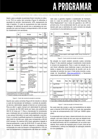 A PROGRAMAR
           CUSTO EFETIVO DE UMA SOLUÇÃO NA NUVEM EM AMBIENTE WINDOWS AZURE
Assim, para a solução on-premises foram incluídos no cálcu-             rado caso a garantia englobe a substituição de hardware,
lo do TCO os custos não correntes (Figura 5) referentes à               este é o caso do servidor que inclui “Next Business Day
aquisição do servidor, licenciamento, UPS, equipamento de               Parts Replacement” nos 3 anos de garantia e da UPS no
rede e bastidor. O custo do equipamento de rede incluindo               primeiro ano). O ar condicionado não foi, por sua vez, consi-
cablagem, foi definido de acordo com a calculadora de com-              derado pelo que a estimativa do custo corrente da solução
paração de custo da Amazon correspondendo a 20% do total                on-premises é uma estimativa por baixo.
do investimento com servidores.




                                                                                   Figura 6 - Custo corrente da solução on-premises

                                                                        Na solução na nuvem existem somente custos correntes
                                                                        (Figura 7) não existindo qualquer investimento inicial devido
                                                                        à compra de equipamento. Para o custo da solução na nu-
                                                                        vem foram utilizadas duas instâncias Large e uma base de
                                                                        dados e espaço de armazenamento de acordo com as di-
                                                                        mensões do servidor da Loja A. Está ainda incluída a subs-
                                                                        crição do AzureWatch (http://goo.gl/rRQ1X) a ferramenta
                                                                        responsável pela escalabilidade automática.




          Figura 5 - Custo não corrente da solução on-premises

Quanto aos custos correntes (Figura 6) foi incluído no cálculo
o custo de manutenção de hardware, o contrato de assistên-
                                                                                    Figura 7 - Custo da solução no Windows Azure
cia técnica, eletricidade, ligação à Internet e ar condicionado.
Para se aferir o gasto mensal com eletricidade foi estimado             No custo total não consta o valor da transferência de dados
um consumo de 252 kWh tendo por base uma potência de                    para a Internet (0,09 EUR por GB) e o custo das operações
350 W 24 horas por 7. Para a manutenção foi considerado                 na conta de armazenamento (0,01 EUR por 100000 opera-
que a instituição tem um contrato de assistência técnica para           ções).
o seu parque informático no qual, está englobado o servidor.
                                                                        A comparação tem por base o desenvolvimento de uma nova
Como o contrato é partilhado apenas foi considerado 50% do
                                                                        solução, que seria criada de raiz quer para ser alojada local-
valor total do contrato que, neste caso corresponde a 283,52
                                                                        mente, quer para ser alojada na nuvem. Deste modo, o custo
EUR mensais. Os mesmos 50% foram aplicados à ligação à
                                                                        de desenvolvimento não foi contabilizado por se achar equi-
Internet perfazendo o valor de 20,50 EUR. O custo de manu-
                                                                        valente. Num cenário de migração para a nuvem, teria de ser
tenção de hardware foi definido segundo a calculadora de
                                                                        contabilizado o esforço de adaptação da aplicação existente
comparação de custo da Amazon correspondendo a 10% do
                                                                        ao novo paradigma.
valor do equipamento (o equipamento não deve ser conside-


                                                                   25
 