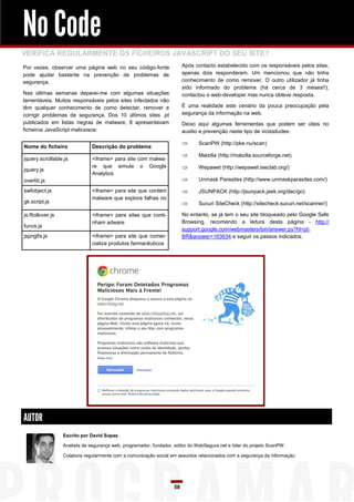 No Code
VERIFICA REGULARMENTE OS FICHEIROS JAVASCRIPT DO SEU SITE?
Por vezes, observar uma página web no seu código-fonte                 Após contacto estabelecido com os responsáveis pelos sites,
pode ajudar bastante na prevenção de problemas de                      apenas dois responderam. Um mencionou que não tinha
segurança.                                                             conhecimento de como remover. O outro utilizador já tinha
                                                                       sido informado do problema (há cerca de 3 meses!!),
Nas últimas semanas deparei-me com algumas situações                   contactou o web-developer mas nunca obteve resposta.
lamentáveis. Muitos responsáveis pelos sites infectados não
têm qualquer conhecimento de como detectar, remover e                  É uma realidade este cenário da pouca preocupação pela
corrigir problemas de segurança. Dos 10 últimos sites .pt              segurança da informação na web.
publicados em listas negras de malware, 8 apresentavam                 Deixo aqui algumas ferramentas que podem ser úteis no
ficheiros JavaScript maliciosos:                                       auxilio e prevenção neste tipo de vicissitudes:

                                                                             ScanPW (http://pke.nu/scan)
Nome do ficheiro              Descrição do problema
                                                                             Malzilla (http://malzilla.sourceforge.net)
jquery.scrollable.js          <iframe> para site com malwa-
                              re que simula o Google                         Wepawet (http://wepawet.iseclab.org/)
jquery.js
                              Analytics
overlib.js                                                                   Unmask Parasites (http://www.unmaskparasites.com/)

swfobject.js                  <iframe> para site que contém                  JSUNPACK (http://jsunpack.jeek.org/dec/go)
                              malware que explora falhas no
gk.script.js                                                                 Sucuri SiteCheck (http://sitecheck.sucuri.net/scanner/)

js.Rollover.js                <iframe> para sites que conti-           No entanto, se já tem o seu site bloqueado pelo Google Safe
                              nham adware                              Browsing, recomendo a leitura desta página - http://
funcs.js
                                                                       support.google.com/webmasters/bin/answer.py?hl=pt-
jspngfix.js                   <iframe> para site que comer-            BR&answer=163634 e seguir os passos indicados.
                              cializa produtos farmacêuticos




AUTOR
                 Escrito por David Sopas

                 Analista de segurança web, programador, fundador, editor do WebSegura.net e líder do projeto ScanPW.

                 Colabora regularmente com a comunicação social em assuntos relacionados com a segurança da informação.




                                                                  58
 