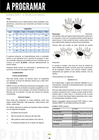 A PROGRAMAR
BUBBLE SORT – A TÉCNICA DA BOLHA
Teste

Se embrionarmos com a tabela anterior estes resultados, com-
parando-os, concluímos que movimentos se fizeram ao longo
dos testes.

                              CONJUNTO
 Lugar      ID_Bolh      Valor   *O. Inicial   *O. Atual     *POS
               a                                                         Resolução:                                      Chama-se
    0          A          1          1            1          Null        uma terceira mão que segura temporariamente a pedra pre-
    1          E          2          6            2           -3         ta, enquanto a mão que a guardava (direita) recebe agora a
                                                                         pedra branca. A mão auxiliar dá então a pedra preta à mão
    2          D          3          5            3           -1         que anteriormente segurava a pedra branca (esquerda).
    3           F         4          3            4           -2         Terceira mão vem auxiliar as duas, servindo de suporte
    4          C          5          2            5           +2
    5          B          6          4            6           +4


É possível evidenciar as dissemelhanças entre a orientação
inicial e a que obtivémos com o terminar do processo. À mes-
ma conclusão chegamos se prestarmos foco à mixórdia que se
concluíu na coluna ID_Bolha, ordenada alfabeticamente na                 temporário
anterior tabela.
                                                                         O conceito é simples: uma troca por troca de valores em
Podemos ainda concluir os incrementos e decrementos que                  duas unidades de suporte. Contudo, para criar a oportunida-
ocorreram na coluna de posição movível.                                  de de passagem usamos uma terceira unidade, auxiliar,
                                                                         responsável por guardar um dos valores durante o ato do
         %VERIFICAR%
                                                                         câmbio.
         A troca de elementos
                                                                         Vamos praticá-lo num algoritmo.
Para este resulto, existiu, nos devidos casos, um ingrediente
                                                                                               MOMENTO III
que assumiu as trocas de elemento sempre que o teste retor-
nou verdadeiro.                                                          Em programação, a lógica para organizar alfabetica ou nu-
                                                                         mericamente, crescente ou decrescentemente, não é distan-
SWAP é a troca de elementos transversal às linguagens. Exis-
                                                                         te daquilo que já vimos.
te a necessidade de conhecê-la enquanto progredimos no ter-
reno dos vetores e das condições, ora devido à frequência nas            Para que seja possível comparar no array um índice e o seu
técnicas que os envolvem, ora pelo seu recurso em exames                 sucessor, precisamos abrir o estojo e pousar todas as ferra-
universitários.                                                          mentas sobre a mesa. Este é o momento de pôr à prova
                                                                         tanto o conhecer das bases lógicas adquiridas como o estu-
                    Exercício lógico:
                                                                         do incansável das condições e ciclos.
Duas mãos são constantes no nosso problema. Cada uma
                                                                         Sendo a linguagem donde provieram PHP, Python e Java,
segura valores diferentes: mão esquerda - pedra branca; mão              utilizarei ANSI C na recriação da técnica da bolha.
direita - pedra preta.
                                                                         BUBBLE SORT (prática)
Em objetivo está levar as pedras às respetivas mãos contrárias
com as seguintes limitações:                                              Ferramenta                    Função

                                                                          Array ou Vetor                Armazena valores ao longo dos
       As pedras não se tocam.                                                                         seus índices
                                                                          Contador Principal            Percorre o array e expõe o primei-
       Não se pousam em nada que não seja mão.                                                         ro índice
                                                                          Contador Auxiliar             Permite o teste expondo o segun-
       Não podemos portar duas pedras numa mão só.                                                     do índice
                                                                          Var Temporária                Guarda temporariamente um valor
                                                                                                        (SWAP)
       É impossível projetar ao ar ou deixar cair alguma.
                                                                          Constante                     Será o tamanho do array e o
                                                                                                        alcance do ciclo




                                                                    40
 