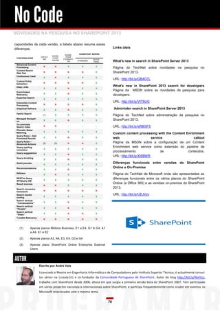 No Code
NOVIDADES NA PESQUISA NO SHAREPOINT 2013

capacidades de cada versão, a tabela abaixo resume essas
diferenças.                                                                    Links úteis

                                          SHARE-      SHAREPOINT SERVER
                                SHARE-
                       OFFICE              POINT
 FUNCIONALIDADE                  POINT
                        365              FOUNDATI-               ENTER-
                                ONLINE
                                            ON       STANDARD
                                                                  PRISE        What's new in search in SharePoint Server 2013
 Advanced Content
                         N        N         S           S          S
 Processing                                                                    Página do TechNet sobre novidades na pesquisa no
 Content Search
 Web Part                N        N         N           N          S           SharePoint 2013.
 Continuous Crawl
                         S        N         S           S          S
                                                                               URL: http://bit.ly/QB4O7L
 Custom Entity
 Extraction              N        N         N           N          S
 Deep Links                                                                    What's new in SharePoint 2013 search for developers
                         S        S         N           S          S
 Event-based
                                                                               Página da MSDN sobre as novidades da pesquisa para
                         S        S         N           S          S
 Relevancy                                                                     developers.
 Expertise Search
                         S        S         S           S          S
 Extensible Content                                                            URL: http://bit.ly/VtT6UG
 Processing              N        N         S           N          S
 Graphical Refiners
                         S        S         N           S          S
                                                                               Administer search in SharePoint Server 2013
 Hybrid Search
                        (1)       S         S           S          S           Página do TechNet sobre administração da pesquisa no
 Managed Navigati-
 on                      S        S         N           S          S           SharePoint 2013.
 On-premises
 Search Index            N        N          -          -           -          URL: http://bit.ly/sRBGFS
 Phonetic Name
                         S        S         S           S          S
 Matching                                                                      Custom content processing with the Content Enrichment
 Query Rules – Add
 Promoted Results        S        S         N           S          S           web                       service               callout
 Query Rules –
                        (2)      (3)        N           N          S           Página da MSDN sobre a configuração de um Content
 Advanced Actions
 Query spelling                                                                Enrichment web service como extensão do pipeline de
 correction              S        S         S           S          S
 Query suggestions
                                                                               processamento                   de          conteúdos.
                         S        S         N           S          S
                                                                               URL: http://bit.ly/XI5BWR
 Query throttling
                         S        S         N           S          S
 Quick preview
                         S        S         S           S          S
                                                                               Diferenças funcionais entre versões do SharePoint
 Recommendations                                                               Online e On-Premise
                         S        S         N           S          S
 Refiners
                         S        N         S           S          S           Página do TechNet da Microsoft onde são apresentadas as
 RESTful Query
                         S        S         S           S          S
                                                                               diferenças funcionais entre os vários planos do SharePoint
 API/Query OM
 Result sources                                                                Online (e Office 365) e as versões on-premise do SharePoint
                         N        N         S           S          S
 Search connector
                                                                               2013.
 framework               N        N         N           N          N
 Search results                                                                URL: http://bit.ly/UEJVzv
 sorting                 S        S         S           S          S
 Search vertical:
 “Conversations”         S        S         N           S          S
 Search vertical:
 “People”                S        S         N           S          S
 Search vertical:
 “Video”                 S        S         N           N          S
 Tunable Relevancy
                         N        N         N           N          N



   (1)       Apenas planos Midsize Business, E1 a E4, G1 A G4, A1
             a A4, K1 e K2

   (2)       Apenas planos A3, A4, E3, E4, G3 e G4

   (3)       Apenas plano SharePoint Online Enterprise External
             Users


AUTOR
                      Escrito por André Vala

                      Licenciado e Mestre em Engenharia Informática e de Computadores pelo Instituto Superior Técnico, é actualmente consul-
                      tor sénior na |create|it| e co-fundador da Comunidade Portuguesa de SharePoint. Autor do blog http://bit.ly/WxtVLz,
                      trabalha com SharePoint desde 2006, altura em que surgiu a primeira versão beta do SharePoint 2007. Tem participado
                      em vários projectos nacionais e internacionais sobre SharePoint, e participa frequentemente como orador em eventos da
                      Microsoft relacionados com o mesmo tema.


                                                                          70
 