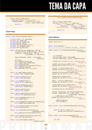 TEMA DA CAPA
ESTRUTURAS VS. OBJETOS

}

}
public String toString(){
String a="Numero do Coordenador: " +
numCoordenador + " Responsavel Coluna: " +
coluna + super.toString();
return a;
}

this.flagPublicado=flagPublicado;

Classe Artigo

}

public class Artigo extends Pessoa {
private
private
private
private
private
private
private

Classe Métodos

static int nArtigo=0;
int numArtigo;
String nomeArtigo;
String coluna;
String areaCientifica;
int flagPublicado;
String publicar;

import java.util.*;
public class Metodos {
/*---------------------Metodos Artigos - Autores--------------------------------------------*/
public static int insereArtigo(Vector<Artigo> v,
int numero)
{

public Artigo(String nomeArtigo, String
coluna, String areaCientifica, String
nomeAutor, String email, String
localidade, int telefone){

}

}
public String toString(){
String a="Nº Artigo: " + numArtigo +
" Titulo: " + nomeArtigo + " Estado: " +
publicar + " Coluna: " + coluna +
" Area Cientifica: " + areaCientifica +
super.toString();
return a;
}

int telefone;
String nome, email,localidade;
String nomeArtigo, coluna, areaCientifica;

super(nomeAutor, email, localidade,
telefone);
nArtigo++;
this.numArtigo=nArtigo;
this.nomeArtigo=nomeArtigo;
this.coluna=coluna;
this.areaCientifica=areaCientifica;
this.flagPublicado=0;
this.publicar="Nao Publicado";

System.out.println("Insira o nome do novo
Artigo:");
nomeArtigo=Leitura.umaString();
System.out.println("Insira a coluna do novo
artigo: ");
coluna = Leitura.umaString();
System.out.println("Insira a area
cientifica do artigo: ");
areaCientifica=Leitura.umaString();
System.out.println("Insira o nome do
autor:");
nome=Leitura.umaString();
System.out.println("Insira o email do
autor: ");
email = Leitura.umaString();
System.out.println("Insira a localidade do
autor: ");
localidade=Leitura.umaString();
System.out.println("Insira o numero de
telefone do autor: ");
telefone=Leitura.umInteiro();

public int getFlagPublicado(){
return this.flagPublicado;
}
public String getPublicar(){
return this.publicar;
}
public int getNumArtigo(){
return (this.numArtigo);
}
public String getNomeArtigo(){
return(this.nomeArtigo);
}
public String getcoluna(){
return this.coluna;
}
public String getAreaCientifica(){
return this.areaCientifica;
}
public void setNumArtigo(int n){
this.numArtigo=n;
}
public void setNomeArtigo(String nomeArtigo){
this.nomeArtigo=nomeArtigo;
}
public void setColuna(String coluna){
this.coluna=coluna;
}
public void setAreaCientifica(String
areaCientifica){
this.areaCientifica=areaCientifica;
}
public void setPublicar(String publicar){
this.publicar=publicar;
}
public void setFlagPublicado(int
flagPublicado){

Artigo novoArtigo= new Artigo(nomeArtigo,
coluna, areaCientifica, nome, email,
localidade, telefone);
v.addElement(novoArtigo);
System.out.println("Artigo inserido com
sucesso");
numero=numero+1;
return(numero);
}
public static void listarArtigos(Vector<Artigo>
v){
for(int i=0;i<v.size();i++)
System.out.println(v.elementAt(i));
}
public static void consultaNumeroArtigo
(Vector<Artigo> v){
int num;

11

 