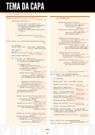 TEMA DA CAPA
ESTRUTURAS VS. OBJETOS
System.out.println("Indique o numero do
num=Leitura.umInteiro();

}
}

aux.setNome(nome);
}

Artigo: ");

System.out.println("Deseja
modificar o email do autor? ");
leitura=Leitura.umChar();
if((leitura=='s')||
(leitura=='S')){
System.out.println("Insira novo
email do autor: ");
email=Leitura.umaString();
aux.setEmail(email);
}

for (int i=0; i<v.size();i++){
Artigo aux = (Artigo)v.elementAt(i);
int numero=aux.getNumArtigo();
if (numero==num){
System.out.println(aux.toString());
return;
}
System.out.println("Artigo nao
encontradon");

System.out.println("Deseja
modificar a localidade do autor? ");
leitura=Leitura.umChar();
if((leitura=='s')||(leitura=='S')){
System.out.println("Insira a nova
localidade do autor: ");
localidade=Leitura.umaString();
aux.setLocalidade(localidade);
}

public static void modificarArtigo(Vector<Artigo>
v){
int telefone;
String nome, email, localidade, nomeArtigo,
coluna, areaCientifica;
char leitura;
int num;
System.out.println("Indique o numero do
Artigo a Alterar: ");
num=Leitura.umInteiro();

System.out.println("Deseja
modificar o telefone do autor? ");
leitura=Leitura.umChar();
if((leitura=='s')||(leitura=='S'))
{
System.out.println("Insira novo
telefone do autor: ");
telefone = Leitura.umInteiro();
aux.setTelefone(telefone);
}
}
}

for (int i=0; i<v.size();i++){
Artigo aux = (Artigo)v.elementAt(i);
int numero=aux.getNumArtigo();
if (numero==num){
System.out.println("Deseja
modificar o nome do artigo? ");
leitura=Leitura.umChar();
if((leitura=='s')||
(leitura=='S')){
System.out.println("Insira novo
nome do artigo: ");
nomeArtigo=Leitura.umaString();
aux.setNomeArtigo(nomeArtigo);
}

}
/*---------------------Metodos Coordenadores ------------------------------------*/
public static void insereCoordenador
(Vector<Coordenador> v){// throws Expecao{
int telefone;

System.out.println("Deseja
modificar o nome da coluna? ");
leitura=Leitura.umChar();
if((leitura=='s')||(leitura=='S')){
System.out.println("Insira novo
nome da coluna: ");
coluna=Leitura.umaString();
aux.setColuna(coluna);
}

String nome, email,localidade, coluna;
System.out.println("Insira o nome do
Coordenador: ");
nome=Leitura.umaString();
System.out.println("Insira o email do
Coordenador: ");
email = Leitura.umaString();
System.out.println("Insira a localidade do
Coordenador: ");
localidade=Leitura.umaString();
System.out.println("Insira o numero de
telefone do Coordenador: ");
telefone=Leitura.umInteiro();

System.out.println("Deseja modificar
a area cientifica? ");
leitura=Leitura.umChar();
if((leitura=='s')||
(leitura=='S')){
System.out.println("Insira nova area
cientifica: ");
areaCientifica=Leitura.umaString();
aux.setAreaCientifica
(areaCientifica);
}

System.out.println("Insira a coluna do
Coordenador: ");
coluna = Leitura.umaString();
Coordenador novoCoordenador = new Coordenador
(nome, email, localidade, telefone, coluna);
v.addElement(novoCoordenador);

System.out.println("Deseja modificar
o nome do autor? ");
leitura=Leitura.umChar();
if((leitura=='s')||(leitura=='S')){
System.out.println("Insira novo
nome do Autor: ");
nome=Leitura.umaString();

}

System.out.println("Coordenador inserido com
sucesso");
public static void listarCoordenadores
(Vector<Coordenador> v){
for(int i=0;i<v.size();i++)

12

 