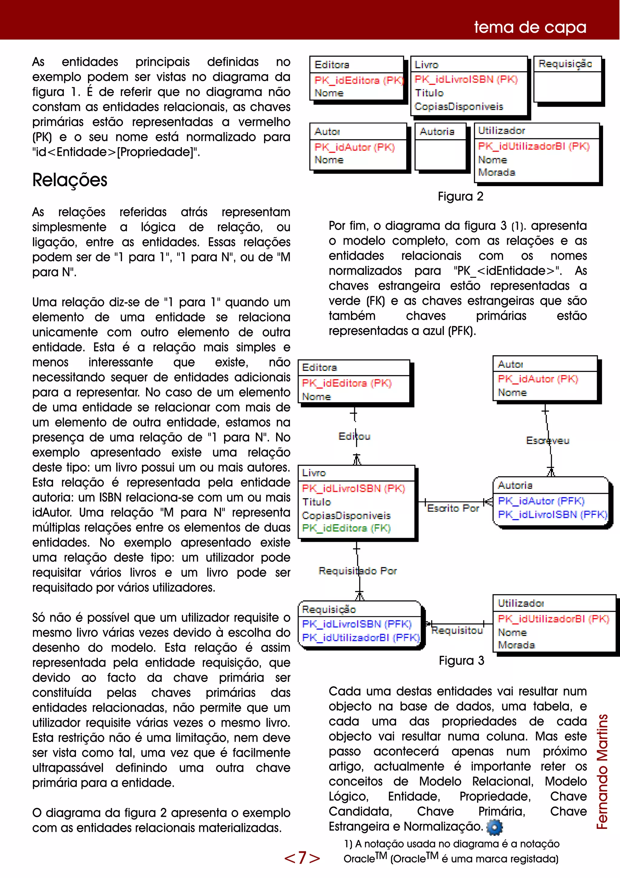 <7>
Figura 2
te m a de capa
As e ntidade s principais de finidas no
e xe m plo pode m se r vistas no diagram a da
figura 1. É de re fe rir q ue no diagram a não
constam as e ntidade s re lacionais, as ch ave s
prim árias e stão re pre se ntadas a ve rm e lh o
(PK) e o se u nom e e stá norm alizado para
"id<Entidade > [Proprie dade ]".
Re laçõe s
As re laçõe s re fe ridas atrás re pre se ntam
sim ple sm e nte a lógica de re lação, ou
ligação, e ntre as e ntidade s. Essas re laçõe s
pode m se r de "1 para 1", "1 para N", ou de "M
para N".
Um a re lação diz-se de "1 para 1"q uando um
e le m e nto de um a e ntidade se re laciona
unicam e nte com outro e le m e nto de outra
e ntidade . Esta é a re lação m ais sim ple s e
m e nos inte re ssante q ue e xiste , não
ne ce ssitando se q ue r de e ntidade s adicionais
para a re pre se ntar. No caso de um e le m e nto
de um a e ntidade se re lacionar com m ais de
um e le m e nto de outra e ntidade , e stam os na
pre se nça de um a re lação de "1 para N". No
e xe m plo apre se ntado e xiste um a re lação
de ste tipo: um livro possui um ou m ais autore s.
Esta re lação é re pre se ntada pe la e ntidade
autoria: um ISBN re laciona-se com um ou m ais
idAutor. Um a re lação "M para N"re pre se nta
m últiplas re laçõe s e ntre os e le m e ntos de duas
e ntidade s. No e xe m plo apre se ntado e xiste
um a re lação de ste tipo: um utilizador pode
re q uisitar vários livros e um livro pode se r
re q uisitado por vários utilizadore s.
Só não é possíve lq ue um utilizador re q uisite o
m e sm o livro várias ve ze s de vido à e scolh a do
de se nh o do m ode lo. Esta re lação é assim
re pre se ntada pe la e ntidade re q uisição, q ue
de vido ao facto da ch ave prim ária se r
constituída pe las ch ave s prim árias das
e ntidade s re lacionadas, não pe rm ite q ue um
utilizador re q uisite várias ve ze s o m e sm o livro.
Esta re strição não é um a lim itação, ne m de ve
se r vista com o tal, um a ve z q ue é facilm e nte
ultrapassáve l de finindo um a outra ch ave
prim ária para a e ntidade .
O diagram a da figura 2 apre se nta o e xe m plo
com as e ntidade s re lacionais m ate rializadas.
FernandoMartins
Por fim , o diagram a da figura 3 (1). apre se nta
o m ode lo com ple to, com as re laçõe s e as
e ntidade s re lacionais com os nom e s
norm alizados para "PK_<idEntidade > ". As
ch ave s e strange ira e stão re pre se ntadas a
ve rde (FK) e as ch ave s e strange iras q ue são
tam bém ch ave s prim árias e stão
re pre se ntadas a azul(PFK).
Cada um a de stas e ntidade s vai re sultar num
obje cto na base de dados, um a tabe la, e
cada um a das proprie dade s de cada
obje cto vai re sultar num a coluna. M as e ste
passo aconte ce rá ape nas num próxim o
artigo, actualm e nte é im portante re te r os
conce itos de M ode lo Re lacional, M ode lo
Lógico, Entidade , Proprie dade , Ch ave
Candidata, Ch ave Prim ária, Ch ave
Estrange ira e Norm alização.
Figura 3
1)A notação usada no diagram a é a notação
O racle TM (O racle TM é um a m arca re gistada)
 