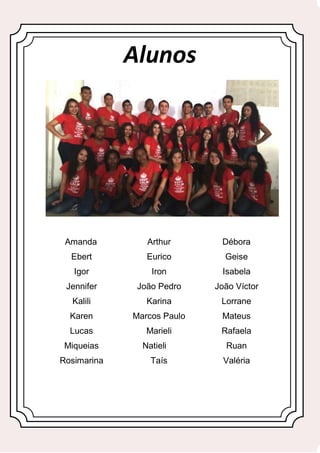 59
Alunos
Amanda Arthur Débora
Ebert Eurico Geise
Igor Iron Isabela
Jennifer João Pedro João Víctor
Kalili Karina Lorrane
Karen Marcos Paulo Mateus
Lucas Marieli Rafaela
Miqueias Natieli Ruan
Rosimarina Taís Valéria
 