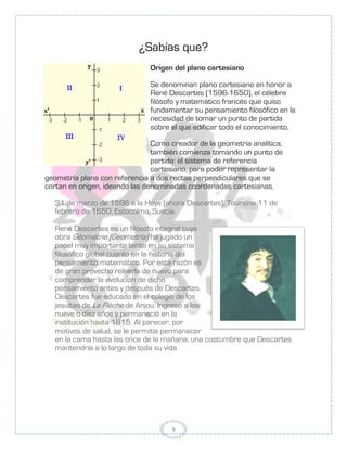 ¿Sabías que?
                               Origen del plano cartesiano

                               Se denominan plano cartesiano en honor a
                               René Descartes (1596-1650), el célebre
                               filósofo y matemático francés que quiso
                               fundamentar su pensamiento filosófico en la
                               necesidad de tomar un punto de partida
                               sobre el que edificar todo el conocimiento.

                                Como creador de la geometría analítica,
                                también comienza tomando un punto de
                                partida: el sistema de referencia
                                cartesiano, para poder representar la
geometría plana con referencia a dos rectas perpendiculares que se
cortan en origen, ideando las denominadas coordenadas cartesianas.

   31 de marzo de 1596 a la Haye (ahora Descartes), Touraine 11 de
   febrero de 1650, Estocolmo, Suecia.

   René Descartes es un filósofo integral cuya
   obra Géométrie [Geometría] ha jugado un
   papel muy importante tanto en su sistema
   filosófico global cuanto en la historia del
   pensamiento matemático. Por esta razón es
   de gran provecho releerla de nuevo para
   comprender la evolución de dicho
   pensamiento antes y después de Descartes.
   Descartes fue educado en el colegio de los
   jesuítas de La Flèche de Anjou. Ingresó a los
   nueve o diez años y permaneció en la
   institución hasta 1615. Al parecer, por
   motivos de salud, se le permitía permanecer
   en la cama hasta las once de la mañana, una costumbre que Descartes
   mantendría a lo largo de toda su vida




                                     9
 
