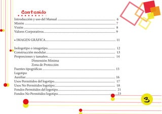Contenido 
Introducción y uso del Manual ......................................................................... 6 
Misión ................................................................................................................... 7 
Visión ................................................................................................................... 8 
Valores Corporativos........................................................................................... 9 
• IMAGEN GRÁFICA......................................................................................... 11 
Isologotipo o imagotipo...................................................................................... 12 
Construcción modular........................................................................................ 13 
Proporciones y tamaños..................................................................................... 14 
Dimensión Mínima 
Zona de Protección 
Fuentes tipográficas ............................................................................................ 15 
Logotipo 
Auxiliar.................................................................................................................. 16 
Usos Permitidos del logotipo............................................................................. 17 
Usos No Permitidos logotipo............................................................................. 18 
Fondos Permitidos del logotipo.......................................................................... 21 
Fondos No Permitidos logotipo............................................................................23 
3 
 
