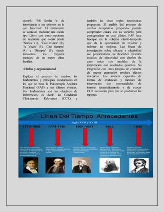 ejemplo ‘Mi familia le da
importancia a ser exitosos en lo
que hacemos'. El instrumento
se contestó mediante una escala
tipo Likert con cinco opciones
de respuesta que osciló desde
‘Nunca' (1), ‘Casi Nunca' (2),
‘A Veces' (3), ‘Casi siempre'
(4) y ‘Siempre' (5), siendo
indicativos los mayores
puntajes de un mejor clima
familiar.
Clínico y organizacional
Explican el proceso de cambio, los
fundamentos y principios conductuales en
los que se basa la Psicoterapia Analítica
Funcional (FAP) y sus últimos avances.
Sus fundamentos son los objetivos de
intervención, es decir, las Conductas
Clínicamente Relevantes (CCR) y
también las cinco reglas terapéuticas
propuestas. El análisis del proceso de
cambio terapéutico propuesto permite
comprender cuáles son las variables para
conceptualizar un caso clínico. FAP hace
hincapié en la relación cliente-terapeuta
que da la oportunidad de moldear y
reforzar las mejoras. Las líneas de
investigación sobre eficacia y efectividad
son prometedoras. Se describen recientes
estudios de efectividad con diseños de
caso único con medidas de la
intervención con resultados positivos. Su
integración con otras terapias de conducta
de tercera generación produce efectos
sinérgicos. Los avances expuestos de
formas de evaluación y métodos de
intervención dan oportunidades de
innovar terapéuticamente y de evocar
CCR necesarias para que se produzcan las
mejoras.
 
