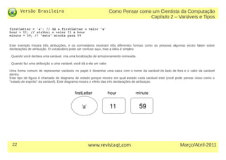 Versão Brasileira
22 Março/Abril-2011www.revistaqt,com
firstLetter = ’a’; // dá a firstLetter o valor ’a’
hour = 11; // atribui o valor 11 a hour
minute = 59; // "seta" minute para 59
Este exemplo mostra três atribuições, e os comnetários mostram três diferentes formas como as pessoas algumas vezes falam sobre
declarações de atribuição. O vocabulário pode ser confuso aqui, mas a idéia é simples:
. Quando você declara uma variável, cria uma localização de armazenamento nomeada.
. Quando faz uma atribuição a uma variável, você dá a ela um valor.
Uma forma comum de representar variáveis no papel é desenhar uma caixa com o nome da variável do lado de fora e o valor da variável
dentro.
Este tipo de figura é chamada de diagrama de estado porque mostra em qual estado cada variável está (você pode pensar nisso como o
"estado de espírito" da variável). Este diagrama mostra o efeito das três declarações de atribuiçao:
Como Pensar como um Cientista da Computação
Capítulo 2 – Variáveis e Tipos
 