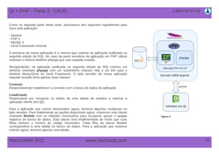 Laboratório
31Março/Abril-2011 www.revistaqt,com
Qt + PHP – Parte 3 - CRUD
Como na segunda parte desta série, precisamos dos seguintes ingredientes para
fazer esta aplicação:
✔ Apache
✔ PHP 5
✔ MySQL 5
✔ Zend Framework minimal
A estrutura da nossa aplicação é a mesma que usamos na aplicação publicada na
segunda edição da RQt. No caso da parte servidora da aplicação em PHP utilizei
inclusive o mesmo diretório phpapp que usei naquela ocasião.
Recapitulando, na aplicação publicada na segunda edição da RQt criamos um
diretório chamado phpapp com um subdiretório Classes nele e um link para o
diretório library/Zend do Zend Framework, O lado servidor da nossa aplicação
naquela ocasião tinha apenas duas classes:
Conexao
Responsável por estabelecer a conexão com o banco de dados da aplicação
ListaEstado
Responsável por recuperar os dados de uma tabela de estados e retornar à
aplicação cliente (em Qt).
Para a aplicação que vamos desenvolver agora, faremos algumas mudanças no
lado servidor. Para implementar as opções disponíveis agora, criaremos uma classe
chamada Modelo com os métodos necessários para recuperar, gravar e apagar
registros do banco de dados. Esta classe será implementada de modo que suas
filhas tenham o mínimo de código necessário. Cada filha da classe Modelo
corresponderá a uma tabela no banco de dados. Para a aplicação que estamos
criando agora, teremos apenas uma tabela.
figura 2
 