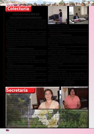 Juventud Colegial. Junio del 2011



  Colecturía
        ADMINISTRACIÓN DE
       RECURSOS ECONÓMICOS
   La administración de recursos económicos está determinada
por el Departamento de Colecturía del Colegio representada
por la Colectora, quien asume la función fiscalizadora y
rectora en materia financiera presupuestal, y como tal sus         retenciones de impuestos del
lineamientos son de acatamiento obligatorio para todas las         Servicio de Rentas Internas (S.R.I.).
áreas a su cargo.                                                     *Registro de firmas de responsabilidad: Colectora y Rectora.
   La política ha sido modernizar y fortalecer la gestión del         *Auxiliar Contable: Archivo de la documentación se sustenta
Departamento, que permita mejorar eficiencia y calidad             en orden cronológico.
de los servicios que se brindan a los usuarios tanto internos         3. Operaciones Administrativas:
como externos, de conformidad al marco jurídico imperante.            a. Auxiliar Contable: Elaboración de roles de pago, plantillas
   Para cumplir con estas labores tiene a su cargo determinados    para su carga en el sistema ESIGEF, retenciones de impuesto
procesos de trabajos y se apoya en su Auxiliar de Contabilidad.    a la renta en relación de dependencia, manejo de programas
   Los procedimientos para el archivo y custodia adecuada de       S.R.I.: Formularios de Declaraciones y el DIM de Anexos
documentos de las operaciones administrativas y financieras        Transaccionales.
del plantel son:                                                      Responsable del archivo de la documentación de soporte
   1. Operaciones financieras de ingresos:                         de las funciones a su cargo.
   * Auxiliar de Contabilidad: recibe las papeletas de depósitos      b. Auxiliar Contable: Control de Existencias, mediante el
para elaborar los componentes de ingreso y luego que esté          registro en tarjeta Kardex, con auxiliares para firmas de
transferido al Banco Central y Ministerio de Finanzas realiza el   recibidos por cada departamento.
registro correspondiente en el sistema Esigef.                        c. Colectora: Elaboración de proforma presupuestaria,
   *Impresión de CUR, legalización respectiva.                     programación indicativa anual y cuatrimestral, modificaciones
   *Registro de firmas de los responsables: Colectora y Rector.    y reprogramaciones presupuestarias en el ESIGEF; elaboración
   *Archivo de la documentación de sustento en orden               de reformas WEB y carga de plantillas de Nóminas mensuales
cronológico.                                                       en el sistema ESIPREM.
   2. Operaciones financieras de egresos:                             d. Colectora: Control y actualizaciones de los Activos Fijos
   *Colectora: Recepción de proformas y cotizaciones de            de la institución.
compras tanto del colegio como de las escuelas fiscales a su          Responsable del archivo de la documentación de soporte
cargo (Pomasqui y San Antonio de Pichincha)                        de las funciones a su cargo.
   *Rectora: Aprobación por parte del Consejo Directivo y             Como se puede observar bajo la responsabilidad del
Rectorado.- Elaboración de memorando de orden de compra            departamento de Colecturía está la función financiera-
adjuntando la copia de la proforma respectiva.                     contable las mismas que son necesarias para que nuestro
   *Colectora: Elaboración del CUR respectivo.- Creación del       establecimiento educativo pueda operar con eficiencia y
documento y detalle de estructura presupuestaria y solicitud       eficacia.                    Atentamente.
de pago en el sistema de ESIGEF.                                                         Lic. Teresa Almeida A.
   *Auxiliar Contable: Elaboración del documento de                                            COLECTORA.



 Secretaría
 JOSEFINA MINANGO
 SOFIA PARRA
 FUNCIONES DE LA
 SECRETARIAS  DEL
 COLEGIO
    La secretaria suele ser la mano
 derecha de la directora
    Debe llevar listas de personal
 titular reemplazante de la planta                                   Elaborar un libro de firmas del personas para indicar
 para informar si ha faltado .                                     hora de entrada y hora de salida .
    Buscar reemplazantes ( en el caso de que alguna                  Llevar las estadísticas correspondientes alumnos
 profesora falta )                                                 escritos , alumnos que egresan , alumnos que ingresan
    Efectuar escalafones para reemplazos dentro del                Conocer los distintos reglamentos y decretos Por
 establecimiento.                                                  Ejemplo: obligaciones y deberes de los docentes .
    Confeccionar actas de reuniones de personal                      Mantener al día toda la estadística y el archivo en
 docentes , directores y vicedirectores o con padres de            perfecto orden .
 familia.

14
 