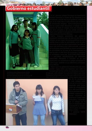 Juventud Colegial. Junio del 2011



 Gobierno estudiantil
                                                            En el glorioso colegio Pomasqui se desempeña
                                                          muchas funciones a través de los maestros y los
                                                          estudiantes una de ellas es el gobierno estudiantil
                                                          que no es nada más ni nada menos que un grupo
                                                          de estudiantes elegidos democráticamente cada
                                                          año los cuales están dispuestos a trabajar por los
                                                          jóvenes de todo el colegio. Este año después de
                                                          una dura campaña y de una reñida votación se
                                                          eligió como gobierno estudiantil a los jóvenes de la
                                                          especialización Químico Biólogo.
                                                            Carlos Salguero presidente del gobierno
                                                          estudiantil manifiesta que ha sido un año lleno de
                                                          altibajos ya que según las nuevas políticas no se ha
                                                          podido llevar a cabo las actividades como en años
                                                          anteriores ya que las leyes implantadas han sido un
                                                          poco más estrictas y eso a desmotivado al apoyo
                                                          de los jóvenes, pero también se siente contento por
                                                          las actividades en las que se ha desempeñado ya
                                                          que ha sido un año lleno de sorpresas y novedoso
                                                          en actividades como fue ELVII CONCURSO LOCAL
                                                          Y II NACIONAL INTERCOLEGIAL DE ORATORIA
                                                          AMAZONIA PRESENTE Y FUTURO en el que
                                                          represento con excelencia al colegio quedando en
                                                          cuarto lugar también en sus diferentes actividades
                                                          el manifiesta.
                                                            Espero que los gobiernos estudiantiles por venir
                                                          puedan lograr todos sus objetivos que nada los
                                                          trunque que luchen contra las dictaduras y saquen
  Presidente: Carlos Salguero de 6to QQ.B.B.
  Vicepresidente: Sofía Ortiz de 5to QQ.B.B.
                                                    la cara por este colegio lleno jóvenes líderes que están
  Secretaria: Verónica Acurio de 1ro Ciencias “B”   listos para luchar contra un mundo que cada vez se vuelve
  Tesorera: Janneth Yautibug de 6to Q.Q.B.B.        más complicado y competitivo estoy seguro que cada
                                                                                       uno de los estudiantes
                                                                                       de este colegio están
                                                                                       completamente
                                                                                       preparado para luchar
                                                                                       contra las adversidades
                                                                                       de la vida que DIOS LES
                                                                                       PAGUE por todo el apoyo
                                                                                       recibido, esperamos se
                                                                                       sientan orgullosos de
                                                                                       pertenecer a esta noble
                                                                                       institución y recuerden
                                                                                       que el colegio no le
                                                                                       hace al estudiante sino
                                                                                       el estudiante al colegio.
                                                                                         De mi parte les deseo
                                                                                       éxitos a todos.
                                                                                           Y adelante “TAYTA
                                                                                       POMASQUI”




18
 