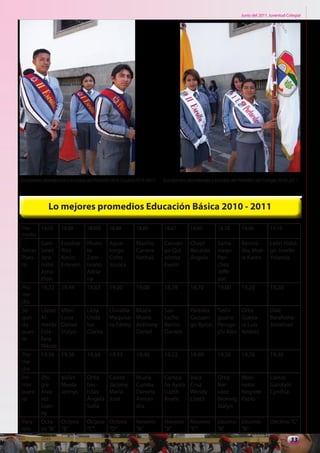 Junio del 2011. Juventud Colegial




Estudiantes abanderado y escoltas del Pabellón de la Ciudad 2010-2011.   Estudiantes abanderada y escoltas del Pabellón del Colegio 2010-2011.




              Lo mejores promedios Educación Básica 2010 - 2011

 Pro-  19,00         19,00        18500      18,88         18,80         18,67        18,60         18,78       19,00           19,10
 medio
        Gavi-        Escobar      Muen-      Agua-         Mariño        Cacuan- Chapi              Sama-       Bermú-   León Hidal-
 Tercer lanes        Rios         te         longo         Carrera       go Qui- Recalde            niego       dez Mue- go Joselin
 Pues- Jara-         Kevin        Zam-       Coles         Nathali       silema  Ángelo             Pan-        la Karen Yolanda
 to     millo        Esteven      brano      Jessica                     Evelin                     chez
        Jona-                     Adria-                                                            Jeffe-
        than                      na                                                                son
 Pro-   19,22        19,44        18,63      19,00         19,00         18,78        18,70         19,00       19,20           19,20
 me-
 dio
 Se-    López        Viteri       Licta      Lluvailla Muela             San-         Paredes Tashi-            Ortiz           Díaz
 gun- Al-            Luna         Unda       Maquisa- Muela              tucho        Cacuan- guano             Gueva-          Barahona
 do     meida        Daniel       luz        ca Fanny Anthony            Barros-      go Byron Peruga-          ra Luis         Jonathan
 pues- Este-         Stalyn       Clarita              Daniel            Darwin                chi Alex         Andrés
 to     fany
        Nikole
 Pro-   19,56        19,56        19,38      19,33         19,40         19,22        18,90         19,56       19,70           19,30
 me-
 dio
 Pri-   Zhi-         Valles       Ortiz      Calero        Muela         Campa-       Vaca          Ortiz       Moli-           Llanos
 mer    gre          Muela        bas-       Jácome        Cumba         ña Ayala     Cruz          Nar-        neros           Garofalo
 pues- Álva-         Jennys       tidas      Maria         Daniela       Lizeth       Wendy         váez        Negrete         Cynthia
 to     rez                       Ángela     José          Alexan-       Anahi        Liseth        Broning     Pablo
        Gian-                     Sofía                    dra                                      Stalyn
        ny
 Para- Octa-         Octavo       Octavo Octavo            Noveno        Noveno       Noveno        Décimo Décimo               Décimo ”C”
 lelo   vo ”A”       ”B”          ”C”    ”D”               ”A”           ”B”          ”C”           ”A”    ”B”
                                                                                                                                           33
 