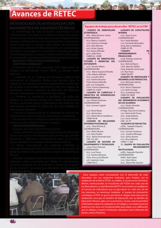 Juventud Colegial. Junio del 2011


 Avances de RETEC
METODOLOGÍA DE AUTO EVALUACIÓN
                                                                      Equipos de trabajo para desarrollar RETEC en el CNP
DIAGNÓSTICA DE COLEGIOS TÉCNICOS                                       1.EQUIPO DE ORIENTACIÓN              6.EQUIPO DE CAPACITACIÓN
   La metodología de auto-evaluación diagnóstica es una              ESTRATÉGICA                          INTERNA
herramienta de uso interno y la aplica el Colegio, de y para sí        MSc. María Ximena Castro             a.Lic. Zayra Cueva
mismo. El conjunto de acciones de evaluación y seguimiento se        COORDINADORA                         COORDINADORA
orientan a la búsqueda de una mirada analítico/ comprensiva            b.Lic. Blanca Corella R.             b.Lic. Hady Bastidas
                                                                       c.Lic. Francisco Arteaga             c.Lic. Fernando Benavides
sobre lo que hace y consigue cada Colegio de Bachillerato              d.Lic. Elisa Moreno                  d.Ing. Nancy Valladares
Técnico, en los distintos ámbitos de gestión, y lo compromete,         e.Lic. Víctor Zapata                 CNMP-07-PD
por tanto, a la recogida de información relevante que cada             f.Lic. Teresa Almeida                7.EQUIPO                    DE
metodología propone, aunque el análisis de dicha información           g.Lic. Sofía Parra                 EMPRENDIMIENTO                 Y
                                                                       CNMP-02 –DOBE                      PRODUCCIÓN
le corresponda y sea responsabilidad de otro nivel del sistema.        2.EQUIPO DE ORIENTACIÓN,             a.Ing. Rodrigo Guañuna
   OBJETIVOS Y RESULTADOS ESPERABLES                                 TUTORÍA Y BIENESTAR DEL              COORDINADOR
   • OBJETIVOS GENERALES                                             ESTUDIANTE                             b.Lic. Richard Ibarra
   El presente sistema de evaluación auto diagnóstica de               a.Lic. Teresita Villacìs             c.Dra. Marcela Ubillús
                                                                     COORDINADORA                           d.Ing. Rolando Samaniego
Colegios de Bachillerato Técnico (AED), se plantea como                b.Lic. María Augusta Almeida         e.Sr. Raúl Topa
objetivos:                                                             c.Dra. Valeria Andrade               CNMP-08-IDP
   1. Disponer de un Sistema de Evaluación Institucional               d.Lic. Lourdes Olivo                 8.EQUIPO DE INNOVACIÓN Y
homogéneo en Educación Técnica que permita tanto la                    e.Lic. Paulina Risueño             DESARROLLO DE PRODUCTOS
                                                                       f.Srta Vanessa Marcillo              a.Lic. Manuela Cabrera
realización de evaluaciones como seguimiento y monitoreo               g.Dr. Luis Sampedro                COORDINADORA
de acciones y actividades que llevan a cabo los colegios de            h.Sra. Corina Chipantasig            b.Lic. Rocío Chipantasi
bachillerato técnico, mediante la aplicación de idénticos              CNMP-03- CDAP                        c.Lic. Ruth Carvajal
criterios, herramientas e instrumentos de medida.                      3.EQUIPO DE CURRÍCULO Y              d.Lic. Guadalupe Díaz
                                                                     DIDÁCTICA DE APRENDIZAJES              CNMP-09- ERAE
   2. Fomentar la orientación a resultados, de todos los             PROFESIONALES                          9.EQUIPO DE EVALUACIÓN
colegios de bachillerato técnico del Sistema de Educación              a.Lic. Miriam Espinoza             DEL RENDIMIENTO ACADÉMICO
Técnica, clarificando pautas e indicadores que, definidos con        COORDINADORA                         DE LOS ALUMNOS
anterioridad, permitirán la obtención de valor añadido en              b.Lic. Carmen Logaña                 a.Lic. Gladys Almeida
                                                                                                          COORDINADORA
cada proceso evaluado.                                                 c.Lic. Rocio Reyes                   b.Tnlga. Tania De la Cadena
   3. Facilitar la optimización en la utilización de recursos de       d.Lic. Karina Vaca                   c.Lic. María Enith Torres
todo el sistema, tanto humanos como físicos y económicos,              e.Lic. María Elena Castellanos       d.Lic. Jorge Bolaños
   a fin de maximizar los esfuerzos colectivos en función de las       CNMP-04-RI                           e.Lic. Oscar Arévalo
                                                                       4.EQUIPO DE RELACIONES               CNP- 10- PY
metas que cada colegio se plantee conseguir.                         INTERINSTITUCIONALES                   10.EQUIPO DE PROYECTOS
   • RESULTADOS ESPERABLES                                             a.Lic. Silvia Muñoz N.               a.MSc. Soledad Orquera
   Se espera, por tanto, que el mismo permita:                       COORDINADORA                         COORDINADORA
   1. Crear entre todos participantes del Sistema de Educación         b.Lic. Mario Muñoz                   b.Lic. Carmen Guañuna
                                                                       c.Lic. Rosa Puebla                   c.Lic. Josefina Minango
Técnica una cultura de indagación permanente, que permita              d.Lic. María Fernanda Sosa           d.Lic. Sylvia Jácome
cuestionar y reflexionar colectivamente sobre las acciones             CNP -05- GET                         e.Lic. Rosa Valencia
que se ejecutan en los colegios de bachillerato técnico.               5.EQUIPO DE GESTIÓN DE               CNMP-11-EMI
   2. Poseer instrumentos de medición confiables y                   EQUIPAMIENTO Y TECNOLOGÍA              11. EQUIPO DE EVALUACIÒN
                                                                       a.Ing. Víctor Pastrano             Y                 MEJORAMIENTO
homogéneos que permitan conocer el estado de situación de            COORDINADOR                          INSTITUCIONAL
todos los ámbitos de gestión de los Colegios de Bachillerato           b.Lic. Luis Ponce                    a.MSc. Segundo Pazmiño
Técnico.                                                               c.Lic. Paulina Meneses             COORDINADORA
   3. Realizar comparaciones intra e interinstitucionales, tanto       d.Sra. Ana Lucía Villacrès           b.MSc. Raúl López
                                                                       e.Sr. Cayetano Casa                  c.Lic. Liliam Mena
regionales como sectoriales, que facilite el conocimiento,             CNMP-06-CI                           d.Lic. María Pilar Serrano
de forma periódica, de la evolución y estado de situación
de las acciones y procesos que desarrollan los Colegios de
Bachillerato Técnico.
                                                                     Estos equipos están concluyendo con el desarrollo de cada
                                                                   descriptor con sus respectivo indicador, para finalizar con la
                                                                   realización de la Matriz FODA, su análisis, la construcción de Visión,
                                                                   Misión, institucionales, la vinculación del FODA con cada uno de
                                                                   los descriptores, la planificación del PTI, en el mismo se establecen
                                                                   el número de indicadores que se ejecutarán en cada año, de los
                                                                   tres previstos, se construye mediante el equipo de orientación
                                                                   estratégica el POA, lo que le permitirá al colegio estar listo para la
                                                                   evaluación cero que el ministro de Educación con su división de
                                                                   Educación Técnica aplica en la provincia y el país, esto le permitirá
                                                                   al Ministerio valorar lo realizado en el Colegio y su incidencia en los
                                                                   próximos tres años son fundamentales para lograr una calificación
                                                                   que le ubique a nuestra institución educativa como referente del
                                                                   Sector y de la Provincia.


38
 