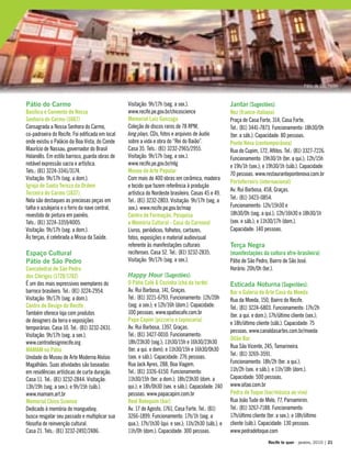 Pátio do Carmo
Basílica e Convento de Nossa
Senhora do Carmo (1667)
Consagrada a Nossa Senhora do Carmo,
co-padroeira do Recife. Foi edificada em local
onde existiu o Palácio da Boa Vista, do Conde
Maurício de Nassau, governador do Brasil
Holandês. Em estilo barroco, guarda obras de
notável expressão sacra e artística.
Tels.: (81) 3224-3341/3174.
Visitação: 9h/17h (seg. a dom.).
Igreja de Santa Tereza da Ordem
Terceira do Carmo (1837)
Nela são destaques as preciosas peças em
talha e azulejaria e o forro da nave central,
revestido de pintura em painéis.
Tels.: (81) 3224-3359/4005.
Visitação: 9h/17h (seg. a dom.).
Às terças, é celebrada a Missa da Saúde.
Espaço Cultural
Pátio de São Pedro
Concatedral de São Pedro
dos Clérigos (1728/1782)
É um dos mais expressivos exemplares do
barroco brasileiro. Tel.: (81) 3224-2954.
Visitação: 9h/17h (seg. a dom.).
Centro de Design do Recife
Também oferece loja com produtos
de designers da terra e exposições
temporárias. Casa 10. Tel.: (81) 3232-2431.
Visitação: 9h/17h (seg. a sex.).
www.centrodesignrecife.org
MAMAM no Pátio
Unidade do Museu de Arte Moderna Aloísio
Magalhães. Suas atividades são baseadas
em residências artísticas de curta duração.
Casa 11. Tel.: (81) 3232-2844. Visitação:
13h/19h (seg. a sex.); e 9h/15h (sáb.).
www.mamam.art.br
Memorial Chico Science
Dedicado à memória do mangueboy,
busca resgatar seu passado e multiplicar sua
filosofia de reinvenção cultural.
Casa 21. Tels.: (81) 3232-2492/2486.
Visitação: 9h/17h (seg. a sex.).
www.recife.pe.gov.br/chicoscience
Memorial Luiz Gonzaga
Coleção de discos raros de 78 RPM,
long plays, CDs, fotos e arquivos de áudio
sobre a vida e obra do “Rei do Baião”.
Casa 35. Tels.: (81) 3232-2965/2955.
Visitação: 9h/17h (seg. a sex.).
www.recife.pe.gov.br/mlg
Museu de Arte Popular
Com mais de 400 obras em cerâmica, madeira
e tecido que fazem referência à produção
artística do Nordeste brasileiro. Casas 45 e 49.
Tel.: (81) 3232-2803. Visitação: 9h/17h (seg. a
sex.). www.recife.pe.gov.br/map
Centro de Formação, Pesquisa
e Memória Cultural - Casa do Carnaval
Livros, periódicos, folhetos, cartazes,
fotos, exposições e material audiovisual
referente às manifestações culturais
recifenses. Casa 52. Tel.: (81) 3232-2835.
Visitação: 9h/17h (seg. a sex.).
Happy Hour [Sugestões]:
O Pátio Café & Cozinha (chá da tarde)
Av. Rui Barbosa, 141, Graças.
Tel.: (81) 3221-6793. Funcionamento: 12h/20h
(seg. a sex.); e 12h/16h (dom.). Capacidade:
100 pessoas. www.opatiocafe.com.br
Papa Capim (pizzaria e tapiocaria)
Av. Rui Barbosa, 1397, Graças.
Tel.: (81) 3427-0010. Funcionamento:
18h/23h30 (seg.); 11h30/15h e 16h30/23h30
(ter. a qui. e dom); e 11h30/15h e 16h30/0h30
(sex. e sáb.). Capacidade: 276 pessoas.
Rua Jack Ayres, 288, Boa Viagem.
Tel.: (81) 3326-6150. Funcionamento:
11h30/15h (ter. a dom.); 18h/23h30 (dom. a
qui.); e 18h/0h30 (sex. e sáb.). Capacidade: 240
pessoas. www.papacapim.com.br
Real Botequim (bar)
Av. 17 de Agosto, 1761, Casa Forte. Tel.: (81)
3266-1899. Funcionamento: 17h/1h (seg. a
qua.); 17h/1h30 (qui. e sex.); 11h/2h30 (sáb.); e
11h/0h (dom.). Capacidade: 300 pessoas.
Jantar [Sugestões]:
Nez (franco-italiana)
Praça de Casa Forte, 314, Casa Forte.
Tel.: (81) 3441-7873. Funcionamento: 18h30/0h
(ter. a sáb.). Capacidade: 80 pessoas.
Ponte Nova (contemporânea)
Rua do Cupim, 172, Aflitos. Tel.: (81) 3327-7226.
Funcionamento: 19h30/1h (ter. a qui.); 12h/15h
e 19h/1h (sex.); e 19h30/1h (sáb.). Capacidade:
70 pessoas. www.restaurantepontenova.com.br
Portoferreiro (internacional)
Av. Rui Barbosa, 458, Graças.
Tel.: (81) 3423-0854.
Funcionamento: 12h/15h30 e
18h30/0h (seg. a qui.); 12h/16h30 e 18h30/1h
(sex. e sáb.); e 11h30/17h (dom.).
Capacidade: 140 pessoas.
Terça Negra
[manifestações da cultura afro-brasileira]
Pátio de São Pedro, Bairro de São José.
Horário: 20h/0h (ter.).
Esticada Noturna [Sugestões]:
Bar e Galeria de Arte Casa da Moeda
Rua da Moeda, 150, Bairro do Recife.
Tel.: (81) 3224-6803. Funcionamento: 17h/2h
(ter. a qui. e dom.); 17h/último cliente (sex.);
e 18h/último cliente (sáb.). Capacidade: 75
pessoas. www.canaldasartes.com.br/moeda
Oitão Bar
Rua São Vicente, 245, Tamarineira.
Tel.: (81) 3269-3591.
Funcionamento: 18h/2h (ter. a qui.);
11h/2h (sex. e sáb.); e 11h/18h (dom.).
Capacidade: 500 pessoas.
www.oitao.com.br
Pedra de Toque (bar/música ao vivo)
Rua João Tude de Melo, 77, Parnamirim.
Tel.: (81) 3267-7188. Funcionamento:
17h/último cliente (ter. a sex.); e 18h/último
cliente (sáb.). Capacidade: 130 pessoas.
www.pedradetoque.com
Recife te quer - janeiro, 2010 | 21
Pátio de São Pedro
 