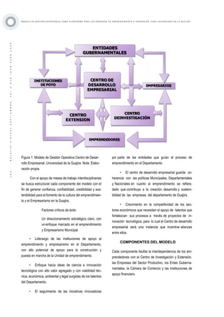 ·103·BOLETÍNVIRTUAL-SEPTIEMBRE-VOL3N10ISNN2266-1536
M O D E L O D E G E S T I Ó N E S T R AT É G I C A C O M O P L ATA F O R M A P A R A L O S P R O C E S O S D E E M P R E N D I M I E N T O E I N N O V A C I Ó N : C A S O U N I V E R S I D A D D E L A G U A J I R A
EMPRENDEDORES
CENTRO DE
DESARROLLO
EMPRESARIAL
CENTRO
EXTENSION
CENTRO
DEINVESTIGACIÓN
ENTIDADES
GUBERNAMENTALES
EMPRESARIOS
INSTITUCIONES
DE POYO
Figura 1. Modelo de Gestión Operativa Centro de Desar-
rollo Empresarial, Universidad de la Guajira. Nota: Elabo-
ración propia.
Con el apoyo de mesas de trabajo interdisciplinarias
se busca estructurar cada componente del modelo con el
fin de generar confianza, confiabilidad, credibilidad y sos-
tenibilidad para el fomento de la cultura del emprendimien-
to y el Empresarismo en la Guajira.
Factores críticos de éxito
Un direccionamiento estratégico claro, con
un enfoque marcado en el emprendimiento
y Empresarismo Municipal.
•	 Liderazgo de las instituciones de apoyo al
emprendimiento y empresarismo en el Departamento,
con alto potencial de apoyo para la construcción y
puesta en marcha de la Unidad de emprendimiento.
•	 Enfoque hacia ideas de ciencia e innovación
tecnológica con alto valor agregado y con viabilidad téc-
nica, económica, ambiental y legal surgidas de los talentos
del Departamento.
•	 El seguimiento de las iniciativas innovadoras
por parte de las entidades que guían el proceso de
emprendimiento en el Departamento.
•	 El centro de desarrollo empresarial guarda co-
herencia con las políticas Municipales, Departamentales
y Nacionales en cuanto al emprendimiento se refiere,
dado que contribuye a la creación, desarrollo y sosteni-
bilidad de las empresas del departamento de Guajira.
•	 Crecimiento en la competitividad de los sec-
tores económicos que necesitan el apoyo de talentos que
fortalezcan sus procesos a través de proyectos de in-
novación tecnológica, para lo cual el Centro de desarrollo
empresarial será una instancia que incentive alianzas
entre ellos.
COMPONENTES DEL MODELO
Cada componente facilita la interdependencia de los em-
prendedores con el Centro de Investigación y Extensión,
las Empresas del Sector Productivo, los Entes Guberna-
mentales, la Cámara de Comercio y las Instituciones de
apoyo financiero.
 
