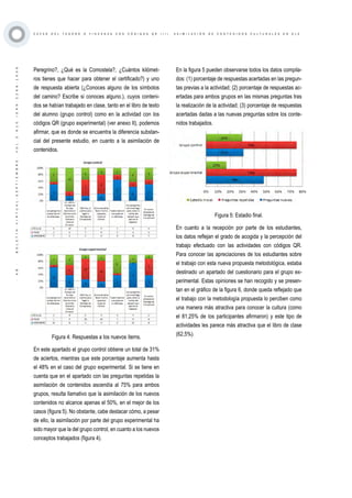 ·48·BOLETÍNVIRTUAL-SEPTIEMBRE-VOL3N10ISNN2266-1536
C A Z A S D E L T E S O R O O Y I N C A N A S C O N C Ó D I G O S Q R ( I I ) . A S I M I L A C I Ó N D E C O N T E N I D O S C U L T U R A L E S E N E L E
Peregrino?, ¿Qué es la Comostela?, ¿Cuántos kilómet-
ros tienes que hacer para obtener el certificado?) y uno
de respuesta abierta (¿Conoces alguno de los símbolos
del camino? Escribe si conoces alguno.), cuyos conteni-
dos se habían trabajado en clase, tanto en el libro de texto
del alumno (grupo control) como en la actividad con los
códigos QR (grupo experimental) (ver anexo II), podemos
afirmar, que es donde se encuentra la diferencia substan-
cial del presente estudio, en cuanto a la asimilación de
contenidos.
Figura 4: Respuestas a los nuevos ítems.
En este apartado el grupo control obtiene un total de 31%
de aciertos, mientras que este porcentaje aumenta hasta
el 48% en el caso del grupo experimental. Si se tiene en
cuenta que en el apartado con las preguntas repetidas la
asimilación de contenidos ascendía al 75% para ambos
grupos, resulta llamativo que la asimilación de los nuevos
contenidos no alcance apenas el 50%, en el mejor de los
casos (figura 5). No obstante, cabe destacar cómo, a pesar
de ello, la asimilación por parte del grupo experimental ha
sido mayor que la del grupo control, en cuanto a los nuevos
conceptos trabajados (figura 4).
En la figura 5 pueden observarse todos los datos compila-
dos: (1) porcentaje de respuestas acertadas en las pregun-
tas previas a la actividad; (2) porcentaje de respuestas ac-
ertadas para ambos grupos en las mismas preguntas tras
la realización de la actividad; (3) porcentaje de respuestas
acertadas dadas a las nuevas preguntas sobre los conte-
nidos trabajados.
Figura 5: Estadio final.
En cuanto a la recepción por parte de los estudiantes,
los datos reflejan el grado de acogida y la percepción del
trabajo efectuado con las actividades con códigos QR.
Para conocer las apreciaciones de los estudiantes sobre
el trabajo con esta nueva propuesta metodológica, estaba
destinado un apartado del cuestionario para el grupo ex-
perimental. Estas opiniones se han recogido y se presen-
tan en el gráfico de la figura 6, donde queda reflejado que
el trabajo con la metodología propuesta lo perciben como
una manera más atractiva para conocer la cultura (como
el 81,25% de los participantes afirmaron) y este tipo de
actividades les parece más atractiva que el libro de clase
(62,5%).
 