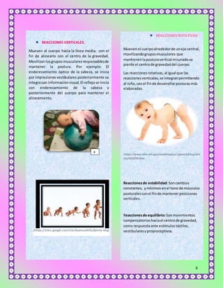 6 
 REACCIONES VERTICALES: 
Mueven al cuerpo hacia la línea media, con el 
fin de alinearlo con el centro de la gravedad. 
Movilizan los grupos musculares responsables de 
mantener la postura. Por ejemplo: El 
enderezamiento óptico de la cabeza, se inicia 
por impresiones vestibulares posteriormente se 
integra con información visual. El reflejo se inicia 
con enderezamiento de la cabeza y 
posteriormente del cuerpo para mantener el 
alineamiento. 
 REACCIONES ROTATIVAS: 
Mueven el cuerpo alrededor de un eje central, 
movilizando grupos musculares que 
mantienen la postura vertical m cunado se 
pierde el centro de gravedad del cuerpo. 
Las reacciones rotativas, al igual que las 
reacciones verticales, se integran permitiendo 
al niño, con el fin de desarrollar posturas más 
elaboradas. 
1http://www.nlm.nih.gov/medlineplus/spanish/ency/arti 
cle/003294.htm 
Reacciones de estabilidad: Son cambios 
constantes, y mínimos en el tono de músculos 
posturales con el fin de mantener posiciones 
verticales. 
Reacciones de equilibrio: Son movimientos 
compensatorios hacia el centro de gravedad, 
como respuesta ante estímulos táctiles, 
vestibulares y propioceptivos. 
8 
2https://sites.google.com/site/kuanusaltillo/family-blog 
 