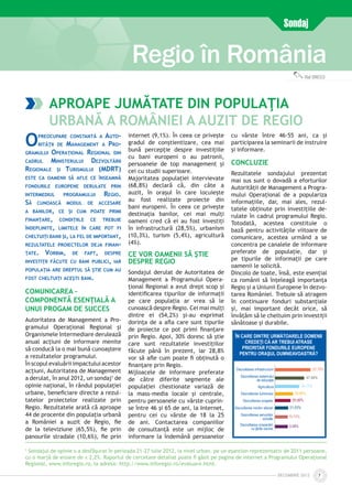 DECEmbrie 2012 7
Regio în România
Sondaj
Aproape jumătate din populaţia
urbană a României a auzit de Regio
Opreocupare constantă a Auto­
rităţii de Management a Pro­
gramului Operaţional Regional din
cadrul Ministerului Dezvoltării
Regionale şi Turismului (MDRT)
este ca oamenii să afle ce înseamnă
fondurile europene derulate prin
intermediul programului Regio.
Să cunoască modul de accesare
a banilor, ce şi cum poate primi
finanţare, condiţiile ce trebuie
îndeplinite, limitele în care pot fi
cheltuiţi banii şi, la fel de important,
rezultatele proiectelor deja finan­
ţate. Vorbim, de fapt, despre
investiţii făcute cu bani publici, iar
populaţia are dreptul să ştie cum au
fost cheltuiţi aceşti bani.
COMUNICAREA –
COMPONENTĂ ESENŢIALĂ A
UNUI PROGAM DE SUCCES
Autoritatea de Management a Pro­
gramului Operaţional Regional și
Organismele Intermediare derulează
anual acțiuni de informare menite
să conducă la o mai bună cunoaștere
a rezultatelor programului.
În scopul evaluării impactului acestor
acțiuni, Autoritatea de Management
a derulat, în anul 2012, un sondaj1
de
opinie național, în rândul populației
urbane, beneficiare directe a rezul­
tatelor proiectelor realizate prin
Regio. Rezultatele arată că aproape
44 de procente din populația urbană
a României a auzit de Regio, fie
de la televiziune (65,5%), fie prin
panourile stradale (10,6%), fie prin
internet (9,1%). În ceea ce priveşte
gradul de conştientizare, cea mai
bună percepţie despre investiţiile
cu bani europeni o au patronii,
persoanele de top management şi
cei cu studii superioare.
Majoritatea populaţiei intervievate
(68,8%) declară că, din câte a
auzit, în oraşul în care locuieşte
au fost realizate proiecte din
bani europeni. În ceea ce priveşte
destinaţia banilor, cei mai mulţi
oameni cred că ei au fost investiţi
în infrastructură (28,5%), urbanism
(10,3%), turism (5,4%), agricultură
(4%).
CE VOR OAMENII SĂ ŞTIE
DESPRE REGIO
Sondajul derulat de Autoritatea de
Management a Programului Opera­
ţional Regional a avut drept scop şi
identificarea tipurilor de informaţii
pe care populaţia ar vrea să le
cunoască despre Regio. Cei mai mulţi
dintre ei (54,2%) şi-au exprimat
dorinţa de a afla care sunt tipurile
de proiecte ce pot primi finanţare
prin Regio. Apoi, 30% doresc să ştie
care sunt rezultatele investiţiilor
făcute până în prezent, iar 28,8%
vor să afle cum poate fi obţinută o
finanţare prin Regio.
Mijloacele de informare preferate
de către diferite segmente ale
populaţiei chestionate variază de
la mass-media locale şi centrale,
pentru persoanele cu vârste cuprin­
se între 46 şi 65 de ani, la Internet,
pentru cei cu vârste de 18 la 25
de ani. Contactarea companiilor
de consultanţă este un mijloc de
informare la îndemână persoanelor
cu vârste între 46-55 ani, ca şi
participarea la seminarii de instruire
şi informare.
CONCLUZIE
Rezultatele sondajului prezentat
mai sus sunt o dovadă a eforturilor
Autorităţii de Management a Progra­
mului Operaţional de a populariza
informaţiile, dar, mai ales, rezul­
tatele obţinute prin investiţiile de­
rulate în cadrul programului Regio.
Totodată, acestea constituie o
bază pentru activităţile viitoare de
comunicare, acestea urmând a se
concentra pe canalele de informare
preferate de populaţie, dar şi
pe tipurile de informaţii pe care
oamenii le solicită.
Dincolo de toate, însă, este esenţial
ca românii să înţeleagă importanţa
Regio şi a Uniunii Europene în dezvo­
tarea României. Trebuie să atragem
în continuare fonduri substanţiale
şi, mai important decât orice, să
învăţăm să le cheltuim prin investiţii
sănătoase şi durabile.
1
Sondajul de opinie s-a desfășurat în perioada 21-27 iulie 2012, la nivel urban, pe un eșantion reprezentativ de 2011 persoane,
cu o marjă de eroare de ± 2,2%. Raportul de cercetare detaliat poate fi găsit pe pagina de internet a Programului Operațional
Regional, www.inforegio.ro, la adresa: http://www.inforegio.ro/evaluare.html.
Vlad IONESCU
 