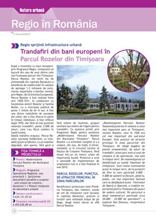 www.inforegio.ro16
Regio în România
Roxana DEACONESCU
Regio sprijină infrastructura urbană
Trandafiri din bani europeni în
Parcul Rozelor din Timișoara
După o investiție cu bani europeni,
prin Programul Regio, timișorenii se
bucură din nou de unul dintre cele
mai frumoase parcuri din Timișoara:
Parcul Rozelor. Un vechi loc de
promenadă din capitala Banatului a
beneficiat de modernizări în valoare
de aproape 1,2 milioane de euro,
marea majoritate a banilor venind,
prin Regio, de la Uniunea Europeană.
Parcul Rozelor a fost realizat între
anii 1928-1931, în colaborare cu
Societatea Amicii Rozelor și familia
Muhle, cu o inscripție publică de
peste 1 milion de lei în aur. A fost
una dintre realizările de excepție
ale urbei, dar a fost distrus în parte
în timpul războiului. A fost refăcut
după 1970, dar fără să mai prezinte
valoroșii trandafiri, peste 2.000 de
soiuri, care l-au făcut celebru în
toată lumea.
Odată mândria orașului, Parcul Ro­
zelor ajunsese îmbătrânit, cu tran­
dafiri puțini și bătrâni, cu un mobilier
degradat, alei sparte, fără gard și
fără sistem de iluminat, grupuri
sanitare sau sistem de irigare pentru
trandafiri. Cu ajutorul primit prin
Programul Regio pentru proiectul
„Modernizarea Parcului Rozelor
din Municipiul Timișoara”, Parcul
Rozelor s-a schimbat complet și s-a
umplut, din nou, de viață. A intrat,
totodată, și în circuitul turistic al
Polului de Creștere Timişoara, fiind
situat într-un sit istoric urban de
importanță locală. Proiectul a avut
o perioadă de implementare de
unsprezece luni și a fost finalizat în
mai 2012.
Parcul Rozelor, punctul
de atracție principal în
zona parcurilor
Beneficiarul proiectului este Primă­
ria Timișoara, dar, indirect, sutele
de mii de timișoreni care locuiesc
în capitala Banatului, precum și
turiștii care vizitează orașul de pe
Bega, lângă malul căruia se află
Parcul Rozelor.
„Reamenajarea Parcului Rozelor
înseamnă punerea în valoare a celui
mai important parc al Timișoarei,
vechiul Rozaliu, care în 1928 era
cel mai important din sud-estul
Europei. Este punctul de atracție
principal în zona parcurilor din
Timișoara. Pe lângă bogăția de
plante ornamentale, de soiuri de
trandafiri, acest parc este și unul de
relaxare și de spectacole, mai ales
în timpul verii. De reamenajarea lui
beneficiază un număr însemnat de
timișoreni. Sunt multe evenimente
acolo în timpul verii, de la proiecții
de film la care participă 4.000 -
5.000 de oameni la fiecare, până la,
poate, cel mai important festival
care se desfășoară acolo - Festivalul
de Operă și Operetă, o tradiție im­
portantă pentru Timișoara din punct
de vedere cultural. Pe parcursul a
două weekend-uri participă circa
20.000 - 25.000 de spectatori”, a
explicat Dan Diaconu, viceprimarul
Timișoarei.
FIŞA TEHNICĂ A
PROIECTULUI
Proiect: Modernizarea
Parcului Rozelor din Municipiul
Timișoara
Program: Programul
Operaţional Regional, axa
prioritară 1. Sprijinirea
dezvoltării durabile a oraşelor
– poli urbani de creştere,
domeniul 1.1 Planuri integrate
de dezvoltare urbană
Valoare totală proiect:
5.634.131,55 lei
Finanțare nerambursabilă UE:
4.455.036,98 lei
Natura urbană
 