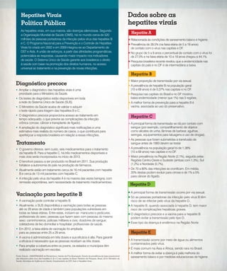 Dados sobre as
hepatites virais
Fonte: Estudo - UNIVERSIDADE de Pernambuco. Núcleo de Pós-Graduação. Estudo de prevalência de base populacional
das infecções pelos vírus das hepatites A, B e C nas capitais do Brasil. Relatório de Pesquisa. Brasil, 2010. Ministério da
Saúde, Secretaria de Vigilância em Saúde, Departamento de DST, Aids e Hepatites Virais.
Relacionada às condições de saneamento básico e higiene.
Prevalência de 39,5% (na faixa etária de 5 a 19 anos)
de contato com o vírus nas capitais e DF.
No grupo de 5 a 9 anos o percentual de contato com o vírus foi
de 27,0% e na faixa etária de 10 a 19 anos chegou a 44,1%.
Pesquisa brasileira recente revelou que a endemicidade nas
capitais do país e no DF é de intermediária a baixa.
Hepatite A
Maior proporção de transmissão por via sexual.
A prevalência de hepatite B na população geral
(10 a 69 anos) é de 0,37% nas capitais e no DF.
Pesquisa nas capitais do Brasil e no DF mostrou
baixa endemicidade (menor que 1%) nas 5 regiões.
A melhor forma de prevenção para a hepatite B é
vacina, associada ao uso do preservativo.
Hepatite B
A principal forma de transmissão se dá por contato com
sangue (por exemplo, compartilhamento de objetos
como alicates de unha, lâminas de barbear, agulhas,
seringas, equipamentos para tatuagens e uso de drogas).
As pessoas que foram submetidas a transfusão de
sangue antes de 1993 devem se testar.
A prevalência na população geral foi de 1,38%
(10 a 69 anos) nas capitais e no DF.
Maior prevalência na Região Norte (2,1%), seguida pelas
Regiões Centro-Oeste e Sudeste (ambas com 1,3%), Sul
(1,2%) e Nordeste (0,7%).
De 70 a 80% das infecções se cronificam. Em média,
20% destas podem evoluir para cirrose e de 1% a 5%
para câncer do fígado.
Hepatite C
A principal forma de transmissão ocorre por via sexual.
Só as pessoas portadoras da infecção pelo vírus B têm
risco de se infectar pelo vírus da hepatite D.
A hepatite B, quando associada à hepatite D, tem maior
risco de complicações hepáticas graves.
O diagnóstico precoce e a vacina para a hepatite B
podem evitar a transmissão pelo tipo D.
Esse tipo da doença é endêmico na Região Norte.
Hepatite D
A transmissão ocorre por meio de água ou alimentos
contaminados pelo vírus.
É mais comum na Ásia e África, sendo rara no Brasil.
A melhor forma de evitar a doença é pela melhoria do
saneamento básico e por medidas educacionais de higiene.
Hepatite E
As hepatites virais, em sua maioria, são doenças silenciosas. Segundo
a Organização Mundial de Saúde (OMS), há no mundo cerca de 520
milhões de pessoas portadoras da infecção pelos vírus das hepatites B
e C. O Programa Nacional para a Prevenção e o Controle de Hepatites
Virais foi criado em 2002 e em 2009 integrou-se ao Departamento de
DST e Aids. A união de esforços, a partir das afinidades programáticas,
potencializa as respostas, causando maior impacto nos indicadores
de saúde. O Sistema Único de Saúde garante aos brasileiros o direito
à saúde com base na promoção dos direitos humanos, no acesso
universal ao tratamento e na prevenção de novas infecções.
Política Pública
Diagnóstico precoce
 Ampliar o diagnóstico das hepatites virais é uma
prioridade para o Ministério da Saúde.
 Os testes de diagnóstico estão disponíveis em toda
a rede do Sistema Único de Saúde (SUS).
 O Ministério da Saúde acaba de validar e adquirir
o teste rápido para triagem das hepatites B e C.
 O diagnóstico precoce proporciona acesso ao tratamento em
tempo adequado, o que previne as complicações da infecção
crônica (cirrose, câncer e transplante de fígado).
 A ampliação do diagnóstico significará mais notificações e uma
estimativa mais realista do número de casos, o que contribuirá para
aperfeiçoar a resposta brasileira em relação a essas infecções.
Tratamento
 O governo oferece, sem custo, seis medicamentos para o tratamento
da hepatite B. Para a hepatite C, há três medicamentos disponíveis e
mais dois serão incorporados no início de 2013.
 O tenofovir passou a ser produzido no Brasil em 2011. Sua produção
fortalece a autonomia do país na produção de fármacos.
 Atualmente estão em tratamento cerca de 16 mil pacientes com hepatite
B e cerca de 13 mil pacientes com hepatite C.
 A infecção pelo vírus da hepatite A é na maioria das vezes benigna, com
remissão espontânea, sem necessidade de tratamento medicamentoso.
Vacinação para hepatite B
 A vacinação pode controlar a hepatite B.
 Atualmente, o SUS disponibiliza a vacinação para todas as pessoas
até os 29 anos de idade e também para populações vulneráveis em
todas as faixas etárias. Entre estas, incluem-se: manicures e pedicures;
profissionais do sexo; pessoas que fazem sexo com pessoas do mesmo
sexo; caminhoneiros; policiais militares e civis; doadores de sangue;
coletadores de lixo domiciliar e hospitalar; profissionais de saúde.
 Em 2012, a faixa etária de vacinação foi ampliada
para as pessoas entre 25 a 29 anos.
 A vacina é administrada em três doses e sua eficácia é alta. Para garantir
a eficácia é necessário que as pessoas recebam as três doses.
 Para ampliar a cobertura entre os jovens, os estados e municípios têm
realizado vacinação em escolas.
Hepatites Virais
 