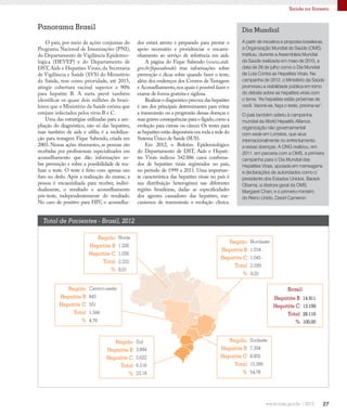 27
Saúde na floresta
O país, por meio de ações conjuntas do
Programa Nacional de Imunizações (PNI),
do Departamento de Vigilância Epidemio-
lógica (DEVEP) e do Departamento de
DST, Aids e Hepatites Virais, da Secretaria
de Vigilância e Saúde (SVS) do Ministério
da Saúde, tem como prioridade, até 2015,
atingir cobertura vacinal superior a 90%
para hepatite B. A meta prevê também
identificar os quase dois milhões de brasi-
leiros que o Ministério da Saúde estima que
estejam infectados pelos vírus B e C.
Uma das estratégias utilizadas para a am-
pliação do diagnóstico, não só das hepatites,
mas também de aids e sífilis, é a mobiliza-
ção para testagem Fique Sabendo, criada em
2003. Nessas ações itinerantes, as pessoas são
recebidas por profissionais especializados em
aconselhamento que dão informações so-
bre prevenção e sobre a possibilidade de rea-
lizar o teste. O teste é feito com apenas um
furo no dedo. Após a realização do exame, a
pessoa é encaminhada para receber, indivi-
dualmente, o resultado e aconselhamento
pós-teste, independentemente do resultado.
No caso de positivo para HIV, o aconselha-
Panorama Brasil
A partir de iniciativa e proposta brasileiras,
a Organização Mundial de Saúde (OMS)
instituiu, durante a Assembleia Mundial
da Saúde realizada em maio de 2010, a
data de 28 de julho como o Dia Mundial
de Luta Contra as Hepatites Virais. Na
campanha de 2012, o Ministério da Saúde
promoveu a visibilidade pública em torno
do debate sobre as hepatites virais com
o tema: “As hepatites estão próximas de
você. Vacine-se, faça o teste, previna-se”.
O país também aderiu à campanha
mundial da World Hepatitis Alliance,
organização não governamental
com sede em Londres, que atua
internacionalmente no enfrentamento
a essas doenças. A ONG realizou, em
2011, em parceria com a OMS, a primeira
campanha para o Dia Mundial das
Hepatites Virais, apoiada em mensagens
e declarações de autoridades como o
presidente dos Estados Unidos, Barack
Obama; a diretora geral da OMS,
Margaret Chan; e o primeiro-ministro
do Reino Unido, David Cameron.
Dia Mundial
Total de Pacientes - Brasil, 2012
dor estará atento e preparado para prestar o
apoio necessário e providenciar o encami-
nhamento ao serviço de referência em aids.
A página do Fique Sabendo (www.aids.
gov.br/fiquesabendo) traz informações sobre
prevenção e dicas sobre quando fazer o teste,
além dos endereços dos Centros de Testagem
e Aconselhamento,nos quais é possível fazer o
exame de forma gratuita e sigilosa.
Realizarodiagnósticoprecoce dashepatites
é um dos principais determinantes para evitar
a transmissão ou a progressão dessas doenças e
suas graves consequências para o fígado,como a
evolução para cirrose ou câncer. Os testes para
as hepatites estão disponíveis em toda a rede do
Sistema Único de Saúde (SUS).
Em 2012, o Boletim Epidemiológico
do Departamento de DST, Aids e Hepati-
tes Virais indicou 342.886 casos confirma-
dos de hepatites virais registrados no país,
no período de 1999 a 2011. Uma importan-
te característica das hepatites virais no país é
sua distribuição heterogênea nas diferentes
regiões brasileiras, dadas as especificidades
dos agentes causadores das hepatites, me-
canismos de transmissão e evolução clínica.
Região
Hepatite B
Hepatite C
Total
%
Centro-oeste
843
501
1.344
4,78
Região
Hepatite B
Hepatite C
Total
%
Nordeste
1.554
1.045
2.599
9,25
Região
Hepatite B
Hepatite C
Total
%
Sudeste
7.394
8.005
15.399
54,78
Região
Hepatite B
Hepatite C
Total
%
Sul
3.894
2.622
6.516
23,18
Hepatite B
Hepatite C
Total
%
14.911
13.199
28.110
100,00
Brasil
Região
Hepatite B
Hepatite C
Total
%
Norte
1.226
1.026
2.252
8,01
 