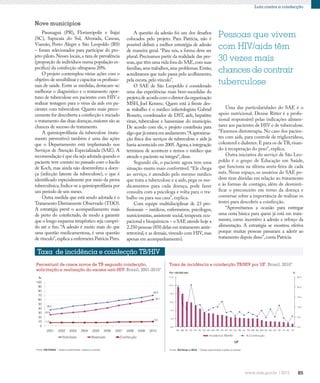85
Luta contra a coinfecção
Pessoas que vivem
com HIV/aids têm
30 vezes mais
chances de contrair
tuberculose
Taxa de incidência e coinfecção TB/HIV
Nove municípios
Paranaguá (PR), Florianópolis e Itajaí
(SC), Sapucaia do Sul, Alvorada, Canoas,
Viamão, Porto Alegre e São Leopoldo (RS)
– foram selecionados para participar do pro-
jeto-piloto.Nesses locais,a taxa de prevalência
(proporção de indivíduos numa população es-
pecífica) da coinfecção ultrapassa 20%.
O projeto contemplou várias ações com o
objetivo de sensibilizar e capacitar os profissio-
nais de saúde. Entre as medidas, destacam-se:
melhorar o diagnóstico e o tratamento opor-
tuno de tuberculose em pacientes com HIV e
realizar testagem para o vírus da aids em pa-
cientes com tuberculose. Quanto mais preco-
cemente for descoberta a coinfecção e iniciado
o tratamento das duas doenças,maiores são as
chances de sucesso do tratamento.
A quimioprofilaxia da tuberculose (trata-
mento preventivo) também é uma das ações
que o Departamento está implantando nos
Serviços de Atenção Especializada (SAE). A
recomendação é que ela seja adotada quando o
paciente teve contato no passado com o bacilo
de Koch, mas ainda não desenvolveu a doen-
ça (infecção latente da tuberculose), o que é
identificado especialmente por meio da prova
tuberculínica.Indica-se a quimioprofilaxia por
um período de seis meses.
Outra medida que está sendo adotada é o
Tratamento Diretamente Observado (TDO).
A estratégia prevê o acompanhamento mais
de perto do coinfectado, de modo a garantir
que o longo esquema terapêutico seja cumpri-
do até o fim. “A adesão é muito mais do que
uma questão medicamentosa, é uma questão
de vínculo”,explica a enfermeira Patrícia Pires.
A questão da adesão foi um dos desafios
colocados pelo projeto. Para Patrícia, não é
possível definir a melhor estratégia de adesão
de maneira geral. “Para nós, a forma deve ser
plural. Precisamos partir da realidade das pes-
soas,que têm uma vida fora do SAE,com suas
famílias,seus trabalhos,seus problemas.Então,
acreditamos que tudo passa pelo acolhimento,
pela escuta,pelo vínculo”.
O SAE de São Leopoldo é considerado
uma das experiências mais bem-sucedidas do
projeto,deacordocomodiretordaorganização
MSH, Joel Keravec. Quem está à frente des-
se trabalho é o médico infectologista Gabriel
Rosseto, coordenador de DST, aids, hepatites
virais, tuberculose e hanseníase do município.
De acordo com ele, o projeto contribuiu para
algo que já estava em andamento.“A aproxima-
ção física dos serviços de tuberculose e aids já
havia acontecido em 2005.Agora,a integração
terminou de acontecer e temos o médico que
atende o paciente na íntegra“,disse.
Segundo ele, o paciente agora tem uma
situação muito mais confortável.“Ele chega
ao serviço, é atendido pelo mesmo médico
que trata a tuberculose e a aids, pega os me-
dicamentos para cada doença, pode fazer
consulta com a psicóloga e volta para o tra-
balho ou para sua casa”, explica.
Com equipe multidisciplinar de 23 pro-
fissionais – médicos, enfermeiros, psicólogos,
nutricionistas, assistente social, terapeuta ocu-
pacional e bioquímicos – o SAE atende hoje a
2.250 pessoas (850 delas em tratamento antir-
retroviral, e as demais, vivendo com HIV, mas
apenas em acompanhamento).
Uma das particularidades do SAE é o
apoio nutricional. Denise Ritter é a profis-
sional responsável pelas indicações alimen-
tares aos pacientes de HIV e de tuberculose.
“Fazemos dietoterapia. No caso dos pacien-
tes com aids, para controle de triglicerídeos,
colesterol e diabetes.E para os de TB,visan-
do à recuperação do peso”, explica.
Outra iniciativa do serviço de São Leo-
poldo é o grupo de Educação em Saúde,
que funciona na última sexta-feira de cada
mês. Nesse espaço, os usuários do SAE po-
dem tirar dúvidas em relação ao tratamento
e às formas de contágio, além de desmisti-
ficar o preconceito em torno da doença e
conversar sobre a importância de realizar os
testes para descobrir a coinfecção.
“Aproveitamos a ocasião para entregar
uma cesta básica para quem já está em trata-
mento, como incentivo à adesão e reforço da
alimentação. A estratégia se mostrou efetiva
porque muitas pessoas passaram a aderir ao
tratamento depois disso”,conta Patrícia.
Fonte: MS/SINAN. * Dados preliminares, sujeitos a revisão.
0
10
20
30
40
50
60
70
80
90
100
2001 2002 2003 2004 2005 2006 2007 2008 2009 2010
Solicitado Realizado Coinfecção
%
9,9
60,1
69,6
36,6
25,8
7,5
Percentual de casos novos de TB segundo coinfecção,
solicitação e realização do exame anti-HIV. Brasil, 2001-2010*
Fonte: MS/Sinan e IBGE. * Dados preliminares sujeitos a revisão
0.0
5.0
10.0
15.0
20.0
25.0
0.0
2.0
4.0
6.0
8.0
10.0
12.0
RS AM RJ SC PE SP PA MT MS RR PR ES RO CE RN AL PB MA BA MG AP GO SE DF PI AC TO
Por 100.000 hab. %
UF
Taxa de incidência e coinfecção TB/HIV por UF. Brasil, 2010*
Incidência TBxHIV % Coinfecção
 