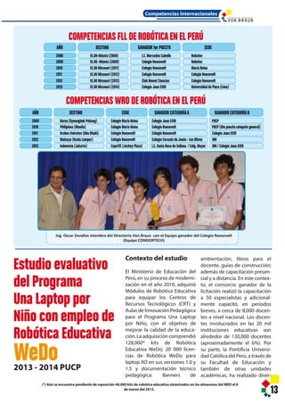 vo
o de
iva
13
NCIAS FLL DE ROBÓTICAEN EL PERÚ
NCIAS WRO DE ROBÓTICAEN EL PERÚ
reposición 40,000 kits de robótica educativa siniestrados en los almacenes del MED el 8
de marzo del 2012.
Competencias Internacionales
DESTINO GANADOR 1er PUESTO SEDE
-Atlanta (2009)
-Atlanta (2009)
Missouri (2011)
Missouri (2012)
Missouri (2013)
Missouri (2014)
I.E. Mercedes Cabello
Colegio Roosevelt
Colegio Roosevelt
Colegio Roosevelt
Club Bionet Ciencias
Colegio Juan XXIII
Robotec
Robotec
María Reina
Colegio Roosevelt
Colegio Roosevelt
Universidad de Piura (Lima)
SEDE
)
Colegio María Reina
Colegio María Reina
Colegio Roosevelt
Colegio Roosevelt
ExpoTIC (Jockey Plaza)
Colegio Juan XXIII
Colegio Roosevelt
Colegio Roosevelt
Colegio Corazón de Jesús - Los Olivos
I.E. Santa Rosa de Sullana / Colg. Mayor
GANADOR CATEGORÍAA GANADOR CATEGORÍAB
PUCP
PUCP (6to puesto cómputo general)
Colegio Juan XXIII
UNI
UNI / Colegio Juan XXIII
mbro del Directorio Von Braun con el Equipo ganador del Colegio Roosevelt
(Equipo CONDORTECH)
14
(2) PUCP (2014): E
20202020
AÑOS
60%
40%
20%
0%
Inicial
Experimental
Control 3er. G
Uso fre
Contexto del estudio
El Ministerio de Educación del
Perú, en su proceso de moderni-
zación en el año 2010, adquirió
Módulos de Robótica Educativa
para equipar los Centros de
Recursos Tecnológicos (CRT) y
Aulas de Innovación Pedagógica
para el Programa Una Laptop
por Niño, con el objetivo de
mejorar la calidad de la educa-
ción. La adquisición comprendió
128,000* kits de Robótica
Educativa WeDo; 20 000 licen-
cias de Robótica WeDo para
laptop XO en sus versiones 1.0 y
1.5 y documentación técnico
pedagógica: Banners de
ambientación, libros para el
docente, guías de construcción;
además de capacitación presen-
cial y a distancia. En este contex-
to, el consorcio ganador de la
licitación realizó la capacitación
a 50 especialistas y adicional-
mente capacitó, en períodos
breves, a cerca de 8,000 docen-
tes a nivel nacional. Los docen-
tes involucrados en las 20 mil
instituciones educativas son
alrededor de 130,000 docentes
(aproximadamente el 6%). Por
su parte, la Pontificia Universi-
dad Católica del Perú, a través de
su Facultad de Educación y
también de otras unidades
académicas, ha realizado diver-
sos estudios y evaluac
a documentar los resu
experiencias, examina
impactos de la aplicaci
estrategias y program
que utilizan tecnologí
ción y comunicación. S
propuestas que invo
diantes, docentes, recu
cos e instituciones edu
apuesta por la innova
ca, que busca resultad
peño docente y en lo
de los estudiantes.
llevado a cabo múltipl
seminarios y congreso
esta temática (PUCP: 2
Aspectos metodo
Con fecha 2 de may
Rector de la Pontific
Católica del Perú y el
Lego Education (Dinam
un convenio para lle
Estudio evaluativo en
aspectos educativo-te
la aplicación del Prog
Robótica Educativa,
acompañamiento ped
te su ejecución con d
diantes de 3er y 6to Gra
a fin de formular rec
técnico-pedagógicas
aplicación futura del P
para el mejor diseño
ción de nuevos prof
incorporen a su aplica
vención y el estudio
inició con la obtenció
I N S T I T U T O D E T E C N O L O G Í A
2013 - 2014 PUCP
Estudio evaluativo
del Programa
Una Laptop por
Niño con empleo de
Robótica Educativa
13
COMPETENCIAS FLL DE ROBÓTICAEN EL PERÚ
COMPETENCIAS WRO DE ROBÓTICAEN EL PERÚ
WeDo
(*) Aún se encuentra pendiente de reposición 40,000 kits de robótica educativa siniestrados en los almacenes del MED el 8
de marzo del 2012.
Competencias Internacionales
AÑO DESTINO GANADOR 1er PUESTO SEDE
2008
2009
2010
2011
2012
2013
EE.UU-Atlanta (2009)
EE.UU -Atlanta (2009)
EE.UU Missouri (2011)
EE.UU Missouri (2012)
EE.UU Missouri (2013)
EE.UU Missouri (2014)
I.E. Mercedes Cabello
Colegio Roosevelt
Colegio Roosevelt
Colegio Roosevelt
Club Bionet Ciencias
Colegio Juan XXIII
Robotec
Robotec
María Reina
Colegio Roosevelt
Colegio Roosevelt
Universidad de Piura (Lima)
AÑO DESTINO SEDE
2009
2010
2011
2012
2013
Korea (Gyeongbuk Pohang)
Philipines (Manila)
Arabes Emirates (Abu Dhabi)
Malasya (Kuala Lumpur)
Indonesia (Jakarta)
Colegio María Reina
Colegio María Reina
Colegio Roosevelt
Colegio Roosevelt
ExpoTIC (Jockey Plaza)
Colegio Juan XXIII
Colegio Roosevelt
Colegio Roosevelt
Colegio Corazón de Jesús - Los Olivos
I.E. Santa Rosa de Sullana / Colg. Mayor
GANADOR CATEGORÍAA GANADOR CATEGORÍAB
PUCP
PUCP (6to puesto cómputo general)
Colegio Juan XXIII
UNI
UNI / Colegio Juan XXIII
Ing. Oscar Zevallos miembro del Directorio Von Braun con el Equipo ganador del Colegio Roosevelt
(Equipo CONDORTECH)
Contexto del estudio
El Ministerio de Educación del
Perú, en su proceso de moderni-
zación en el año 2010, adquirió
Módulos de Robótica Educativa
para equipar los Centros de
Recursos Tecnológicos (CRT) y
Aulas de Innovación Pedagógica
para el Programa Una Laptop
por Niño, con el objetivo de
mejorar la calidad de la educa-
ción. La adquisición comprendió
128,000* kits de Robótica
Educativa WeDo; 20 000 licen-
cias de Robótica WeDo para
laptop XO en sus versiones 1.0 y
1.5 y documentación técnico
pedagógica: Banners de
ambientación, libros para el
docente, guías de construcción;
además de capacitación presen-
cial y a distancia. En este contex-
to, el consorcio ganador de la
licitación realizó la capacitación
a 50 especialistas y adicional-
mente capacitó, en períodos
breves, a cerca de 8,000 docen-
tes a nivel nacional. Los docen-
tes involucrados en las 20 mil
instituciones educativas son
alrededor de 130,000 docentes
(aproximadamente el 6%). Por
su parte, la Pontificia Universi-
dad Católica del Perú, a través de
su Facultad de Educación y
también de otras unidades
académicas, ha realizado diver-
I N S T I T U T O D E T E C N O L O G Í A
 