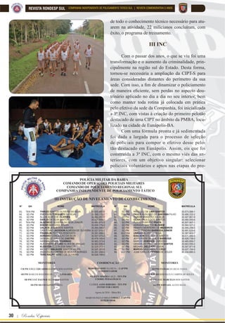 Para que o mal sucumba para sempre diante de nós ! | 29
REVISTA RONDESP SULCOMPANHIA INDEPENDENTE DE POLICIAMENTO TÁTICO SUL | REVISTA COMEMORATIVA 5 ANOS
Considerada já uma realidade para a região,
a CIPT-S chegou a um patamar tal, que se viu com
a necessidade de crescer. Foi quando, em 2014,
operando no limite de efetivo em uma ampla área,
realizou-se a 2ª INC.
Planejada em um contexto de grandes mudan-
ças, essa INC teve como escopo o aumento do efetivo
da CIPT-S, com o intuito de atender a diversas deman-
das, desde a execução do patrulhamento de maneira
H¿FD] SDVVDQGR SRU XPD QHFHVVLGDGH HP VHJXUDQoD
pública no cenário de intervenções em estabelecimen-
tos prisionais na região, bem como a segurança do
aquartelamento que ora estava sendo erguido.
Foi nesse cenário que, com a anuência do co-
mando do CPRS, deu-se início ao processo seletivo.
Iniciado com 40 policiais voluntários, após etapas de
exame médico, Teste de Aptidão Física – TAF e en-
trevista, os inscritos iniciaram uma jornada de treina-
mentos nas mais diversas áreas do conhecimento do
SROLFLDPHQWR WiWLFR WDLV FRPR 7pFQLFDV H 7iWLFDV GH
Controle de Distúrbio Civis, conhecimento da Dou-
trina de Patrulhamento Tático, armamentos utiliza-
dos pela CIPT-S e Tiro Tático, oportunidade na qual
os policiais puderam conhecer todo o material bélico
GH XWLOL]DomR SHOD XQLGDGH $R ¿QDO DSyV aquisição
II INC
 