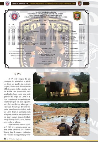 Para que o mal sucumba para sempre diante de nós ! | 31
REVISTA RONDESP SULCOMPANHIA INDEPENDENTE DE POLICIAMENTO TÁTICO SUL | REVISTA COMEMORATIVA 5 ANOS
cesso para integrarem o corpo
do 5º Pelotão.
Essa INC, realizada no ano
de 2016, destacou-se pela gran-
de quantidade de voluntários,
R¿FLDLV H SUDoDV SULQFLSDOPHQWH
daqueles que residem nas cida-
des que compõem o eixo extre-
mo sul baiano. Policiais que co-
nheciam a história da Rondesp
e acreditavam na sua missão,
colocaram-se à disposição para
servir na unidade. Com isso, 40
policiais iniciaram o processo
de seleção, posteriormente pu-
deram conhecer toda a doutri-
na, armamentos utilizados pela
CIPT-S, assim como entender,
de maneira teórica e prática, a
metodologia de atuação de uma
tropa de policiamento tático.
$R ¿QDO GD MRUQDGD GH GR]H
dias, 32 policiais concluíram, com
sucesso, o programa de treinamen-
to, materializando, assim, a criação
de fato do 5º Pelotão da CIPT-S na
cidade de Eunápolis.
 