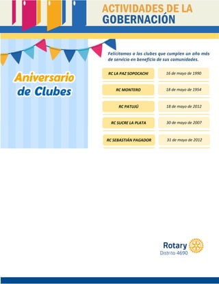 Felicitamos a los clubes que cumplen un año más
de servicio en beneficio de sus comunidades.
Fecha de Aniversario de Fundación de los clubes del Distrito 4690,
según la recepción de su carta constitutiva de
Rotary International:
RC LA PAZ SOPOCACHI 16 de mayo de 1990
RC MONTERO 18 de mayo de 1954
RC PATUJÚ 18 de mayo de 2012
RC SUCRE LA PLATA 30 de mayo de 2007
RC SEBASTIÁN PAGADOR 31 de mayo de 2012
 