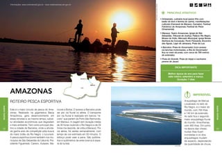 Informações: www.turismobrasil.gov.br - www.visitamazonas.am.gov.br




                                                                                                               Roald Andretta / Loba do Mar / Embratur
                                                                                                                                                                principais atrativos

                                                                                                                                                         • Artesanato, culinária local (peixe frito com
                                                                                                                                                           baião de dois e farinha do uarini), manifestações
                                                                                                                                                           culturais (Carnaval de Manaus, Carnaboi, Festival
                                                                                                                                                           Folclórico do Amazonas, Festival do Peixe
                                                                                                                                                           Ornamental).
                                                                                                                                                         • Manaus: Teatro Amazonas, Igreja de São
                                                                                                                                                           Sebastião, Tribunal de Justiça, Palácio Rio Negro,
                                                                                                                                                           Museu do Índio, Mercado Municipal, Igreja Nossa
                                                                                                                                                           Senhora da Conceição, Porto Flutuante, Encontro
                                                                                                                                                           das Águas, Lago de Janauary, Praia da Lua.
                                                                                                                                                         • Barcelos: Praia do Governador (com acesso
                                                                                                                                                          via lanchas motorizadas, a Ilha do Governador
                                                                                                                                                          fica no meio da praia, com cerca de 700 metros
                                                                                                                                                          de extensão).
                                                                                                                                                         • Praia do Grande, Praia do Iripipi e cachoeira
                                                                                                                                                           perene de Jauari.

                                                                                                                                                                        Dica importante

                                                                                                                                                                Melhor época do ano para fazer
                                                                                                                                                                este roteiro: setembro a março.
                                                                                                                                                                        Duração: 7 dias




               AMAZONAS                                                                                                                                                                          Imperdível

               ROTEIRO PESCA ESPORTIVA                                                                                                                                                   Arquipélago de Mariuá.
                                                                                                                                                                                         Localizado no leito do
                                                                                                                                                                                         Rio Negro, é o maior do
Região Norte




                                                                                                                                                                                                                     Região Norte
               Este é o maior circuito de pesca do Ama-           nicoré e Borba. O acesso a Barcelos pode                                                                               mundo, com 700 ilhas
               zonas. Realizado na gigantesca Bacia               ser por via fluvial ou aérea. O transporte                                                                             e 140 km de extensão.
               Amazônica, gera desenvolvimento em                 por via fluvial é realizado em barcos “re-                                                                             Ao lado fica o segundo
               áreas remotas e, ao mesmo tempo, substi-           creio” que partem do Porto São Raimundo,                                                                               maior arquipélago fluvial
               tui atividades econômicas que degradam             em Manaus. A viagem tem duração média                                                                                  do mundo: Anavilhanas,
               o meio ambiente. Tem como principal des-           de 30 horas (subindo o Rio Negro) e de 24                                                                              com 400 ilhas. Em junho,
32             tino a cidade de Barcelos, onde a ativida-         horas (na descida, de volta a Manaus). Por                                                                             na época das cheias,        33
               de ganha ares de competição pela busca             via aérea, há saídas semanalmente, com                                                                                 muitas ilhas ficam
               do maior troféu do Rio Negro: o tucunaré.          tempo de voo estimado em 50 minutos. O                                                                                 inundadas e os dois
               A pesca esportiva ocorre também nos mu-            esforço pode valer a pena. São quilôme-                                                                                arquipélagos mudam
               nicípios de São Sebastião do Uatumã, Pre-          tros e quilômetros de areia branca à espe-                                                                             de aspecto, dependendo
               sidente Figueiredo, Careiro, Autazes, Ma-          ra do turista.                                                                                                         da quantidade de chuva.
                                                                                                                                                                        Luis G. Olarte
 