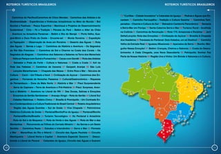 Roteiros Turísticos Brasileiros                                                                                                     Roteiros Turísticos Brasileiros


                                                                                              73 “Curitiba – Cidade Inovadora” e Cataratas do Iguaçu 74 Pedras e Águas que En-
     1 Caminhos do Pacífico/Caminhos de Chico Mendes 2 Caminhos das Aldeias e da
                                                                                              cantam 75 Caminho Farroupilha – Tradição e Cultura Gaúcha 76 Caminhos Tem-
     Biodiversidade 3 Experiências e Vivências Amazônicas no Meio do Mundo 4 Boi
                                                                                              perados – Charme e Cultura do Sul 77 Balneário Camboriú Panorâmico 78 Semana
     Bumbá e Festivais 5 Pesca Esportiva 6 Mamirauá e Projetos de Desenvolvimento
                                                                                              à Beira-Mar em Floripa 79 Santa Catarina Serra e Mar 80 Turismo Rural – Acolhida
     Sustentável 7 Círio – Fé e Tradição 8 Pérolas do Pará – Belém e Alter do Chão
                                                                                              na Colônia 81 Caminhos da Revolução 82 Rota 174: Amazonas e Roraima 83 Jeri/
     9 Aventura na Amazônia Paraense – Belém e Ilha do Marajó 10 Porto Velho, Gua-
                                                                                              Delta/Lençóis: Rota das Emoções 84 Civilização do Açúcar 85 Brasília & Chapada
     jará-Mirim e Ouro Preto do Oeste – Encante-se! 11 Monte Roraima 12 Expedição
                                                                                              dos Veadeiros 86 Travessia do Pantanal: Dois Estados, um só Destino! 87 Caminho
     ao Tepequém 13 Observação de Aves em Roraima 14 Deserto das Águas 15 Rota
                                                                                              Velho da Estrada Real 88 Iguassu Missiones 89 Aparados da Serra 90 Bonito: Mer-
     das Águas 16 Serras e Lago 17 Caminhos da História e Aventura – Os Segredos
                                                                                              gulhe Nessa Emoção! 91 Belém: Crenças, Cheiros e Sabores 92 Costa do Desco-
     do Rio São Francisco 18 Caminhos de Sol e Charme na Costa dos Corais – Os
                                                                                              brimento: A Cada Chegada, uma Nova Descoberta 93 Petrópolis: Sonhar Faz
     Segredos de Alagoas 19 Caminhos dos Sabores e Saberes na Terra dos Marechais
                                                                                              Parte da Nossa História 94 Região Uva e Vinho: Um Brinde à Natureza e à Cultura.
     20 Volta ao Parque com Guiné e Fumacinha 21 Cacau com Dendê 22 Rota das Aldeias
     23 Salvador e Praia do Forte – Cultura e Natureza 24 Costa a Costa 25 4x4 na
     Rota das Falésias 26 Caminhos de Iracema 27 Geopark Araripe 28 São Luís
     29 Lençóis Maranhenses 30 Chapada das Mesas 31 Entre Rios e Mar – Séculos de
     Cultura 32 Cariri – Um Tributo a Você 33 Civilização do Açúcar – Caminhos dos En-
     genhos 34 Fernando de Noronha: Passeios 35 Cultural/Gastronômico – Riquezas
     de Pernambuco – Zona da Mata Norte 36 História e Mar 37 Piauí Surpreendente
     38 Serra da Capivara – Terra de Aventura e Pré-História 39 Piauí: Surpresa, Aven-
     tura e Mistério 40 Aventura no Litoral do RN 41 Das Dunas, Salinas e Emoções
     42 Encantos do Sertão Seridoense 43 Aracaju-Xingó – Rota do Sertão 44 Litoral Sul
     45 Cidades Históricas 46 Roteiro Cívico 47 Brasília & Pirenópolis – Um Contraste En-
     tre o Contemporâneo e a Cultura Tradicional do Brasil Central 48 Roteiro Arquitetônico
     49 Região das Águas Quentes – Sul de Goiás 50 Viva Chapada 51 Patrimônios
     Histórico-Culturais de Goiás 52 Pantanal/Bonito/Foz do Iguaçu 53 Pantanal/Bonito
     54 Pantanal/Bonito/Brasília 55 Turismo Tecnológico 56 Do Pantanal à Amazônia
     57 Rota do Sol e da Moqueca 58 Rota do Verde e das Águas 59 Rota do Mar e das
     Montanhas 60 Percorrendo as Trilhas do Cerrado Mineiro 61 As Serras e um Sexto
     Sentido 62 Caminhos Reais 63 Estudos e Intercâmbio 64 Serra e Mar 65 Floresta
     e Mar 66 Maravilhas do Rio e Niterói 67 Circuito das Águas Paulista 68 Circuito
     Mantiqueira 69 Litoral Norte e Capital 70 Aventura Especial: Socorro 71 Desco-
     brindo o Litoral do Paraná 72 Cataratas do Iguaçu, Circuito das Águas e Guarani

10                                                                                                                                                                               11
 