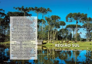 Leonid Streliaev
                            A natureza exibe toda sua força nas Cataratas
                           do Iguaçu, ao mesmo tempo em que se mostra
                           delicada em campos floridos da Serra Gaúcha.
                            A civilização, por sua vez, prova que também
                           desperta deslumbramento com sua arquitetura,
                           seja no centro histórico da capital paranaense,
                          seja na região das missões, na fronteira gaúcha.
                           A Região Sul reúne a exuberância da geografia
                        brasileira com a influência da imigração europeia. O
                         resultado está nos inesquecíveis pontos turísticos
                           de Paraná, Rio Grande do Sul e Santa Catarina.
                         Quilômetros de praias. Hectares de Mata Atlântica.
                         Cachoeiras. Serras. Cânions. Rios. Vales. Campos.
                         Há de tudo no litoral e no interior dos três Estados
                            sulistas. O melhor é ter isso combinado com
                         ótima infraestrutura hoteleira e atrações culturais,
                                    incluindo agitada vida noturna.
                               No Paraná, Curitiba impressiona por sua
                        organização, limpeza e, principalmente, construções
                        como a Ópera de Arame e o Museu Oscar Niemeyer.
                           No Rio Grande do Sul, o Sítio Arqueológico São
                                                                                Região Sul
                          Miguel das Missões é marco histórico do período
                             dos jesuítas. Em Santa Catarina, a Lagoa da        Adorável mistura de Europa e Brasil
                         Conceição fervilha em Florianópolis, graças à alta
                        concentração de turistas, que se entrosam em bares
                          e restaurantes. Aonde for e no que fizer no Sul, o
                         visitante vai encontrar hospitalidade e diversidade.
                                      O que se pode querer mais?


Zona rural de Gramado
 