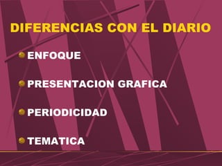DIFERENCIAS CON EL DIARIO
ENFOQUE
PRESENTACION GRAFICA
PERIODICIDAD
TEMATICA