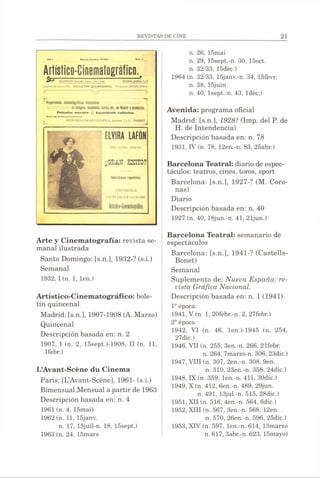t, Octubr», 15-1*07.
Artfstico-Cinematogrâfico.B=rSUSCRIPCION: 3 p u . *»o. S pu». OUCINAS: 7 y »
Apírtído de corre sJ78. B O L E T IN Q U IN C E N A L I .r.inuv ARCINE, Madrid.
' Proyecciones cinematográtfias instructivas
- en Colegios. Academias. Asilos, ele., en Madrid y provincias.
P e líc u las m o ra le s . O Espectáculo cu ltís im o .
PxKd M» tarifas ocono.»le.» a la
s ARTlSTICO-CINEMATOGRAFICA, Jardines. 7 y«J- MADRID J
ELVIRA LAFÚN
'.-i-
"GE,AN ÉXITO!!
Variadísimorepertorio.
DISPONIBLE
COIS'TR A T A C l O N
Arli$tiro-Ciieifllográü«i.
Arte y Cinematografía: revista se­
manal ilustrada
Santo Domingo: [s.n.], 1932-? (s.i.)
Semanal
1932,1 (n. 1, len.)
Artístico-Cinematográfico: bole­
tín quincenal
Madrid: [s.n.], 1907-1908 (A. Marzo)
Quincenal
Descripción basada en: n. 2
1907, I (n. 2, 15sept.)-1908, II (n, 11,
lfebr.)
L’Avant-Scène du Cinema
Paris: [L’Avant-Scène], 1961- (s.i.)
Bimensual.Mensual a partir de 1963
Descripción basada en: n. 4
1961 (n. 4, 15mai)
1962 (n. 11, 15janv.
n. 17, 15juil-n. 18, 15sept.)
1963 (n. 24, 15mars
n. 26, 15mai
n. 29, 15sept.-n. 30, 15oct.
n. 32/33, 15déc.)
1964 (n. 32/33, 15janv.-n. 34, 15fevr.
n. 38, 15juin
n. 40, lsept.-n. 43, Idee.)
Avenida: programa oficial
Madrid: [s.n.], 1928? (Imp. del P. de
H. de Intendencia)
Descripción basada en: n. 78
1931, IV(n. 78, 12en.-n. 83, 25abr.)
Barcelona Teatral: diario de espec­
táculos: teatros, cines, toros, sport
Barcelona: [s.n.], 1927-? (M. Coro­
nas)
Diario
Descripción basada en: n. 40
1927 (n. 40, 18jun.-n. 41, 21jun.)
Barcelona Teatral: semanario de
espectáculos
Barcelona: [s.n.], 1941-? (Castells-
Bonet)
Semanal
Suplemento de: Nueva España: re­
vista Gráfica Nacional.
Descripción basada en: n. 1 (1941)
1- época:
1941, V (n. 1, 20febr.-n. 2, 27febr.)
2- época:
1942, VI (n. 46, len.)-1945 (n. 254,
27dic.)
1946, VII (n. 255, 3en.-n. 266, 21febr.
n. 264, 7marzo-n. 306, 23dic.)
1947, VIII (n. 307, 2en.-n. 308, 9en.
n. 310, 23en.-n. 358, 24dic.)
1948, IX (n. 359, len.-n. 411, 30dic.)
1949, X (n. 412, 6en.-n. 489, 29jun.
n. 491, 13jul.-n. 515, 28dic.)
1951, XII (n. 516, 4en.-n. 564, 6dic.)
1952, XIII (n. 567, 3en.-n. 568, 12en.
n. 570, 26en.-n. 596, 25dic.)
1953, XIV (n. 597, len.-n. 614, 13marzo
n. 617, 3abr.-n. 623,15mayo)
 