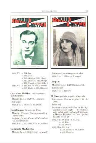 1939, VII (n. 294, 7en.
n. 296, 21en.
n. 298, 4febr.-n. 308, 15abr.
n. 310, 29abr.-n. 329, 16sept.
n. 332, 30sept.-n. 334, 30dic.)
1940, VII (n. 345, 6en.-n. 356, 23marzo
n. 360, 20abr.-n. 363, llmayo)
Cartelera Gráfica: revista sema­
nal ilustrada
Madrid: [s.n.], 1929 (E. Lunciere)
Semanal
1929.1(n. 1, 14febr.-n. 30, 28oct.)
Casablanca: Papeles de Cine
Madrid: Prensa Cinematográfica,
1981-1985
Incluye: Primer Plano: El Periódico
de Casablanca
1981.1(n. 1, en.)-1985, V (n. 47, marzo)
Celuloide Madrileño
Madrid: [s.n.], 1936 (Gráf. Uguina)
Quincenal, con irregularidades
1936, I (n. 1, 15febr.-n. 5, mayo)
Chaplin
Madrid: [s.n.], 1929 (San Martín)
Bimensual
1929,1 (n. 1, 22febr.)
El Cine: revista popular ilustrada
Barcelona: [Lucas Argilés], 1912-
1920
Semanal
Suspendida entre finales de 1919 y
comienzos de 1920. — Es supl.de
esta publicación:Album de Música
y Música Popular. — Descripción
basada en: n. 29
1912, I (n. 29, 27jul.-n. 30, 3ag.
n. 48, 7dic.
n. 51, 28dic.)
1913, II (n. 52, len.
n. 58, 15febr.-n. 59, 22febr.
n. 64, 29marzo
 