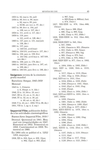 1955 (n. 82, mai-n. 84, juil)
1956 (n. 89, févr.-n. 90, mars
n. 92, mai-n. 93, juin
n. 95/96, oct./nov.-n. 97, déc.)
1957 (n. 99, févr.-n. 104, juil
n. 106, nov.-n. 107, déc.)
1958 (n. 111, avril.-n. 117, déc.)
1959 (n. 118,janv.
n. 121, avril.-n. 126, déc.)
1960 (n. 127, janv.-n. 131, mai/juin
n. 136, déc.)
1961 (n. 137, janv.
n. 140/141, avril/mai)
1962 (n. 150/151, avril/mai-n. 157, déc.)
1963 (n. 158, janv.-n. 159, févr.
n. 161/162, avril/mai-n. 167/168,
nov./déc.)
1964 (n. 169, janv.-n. 179, déc.)
1965 (n. 180/181, janv./févr.-n. 187, oct.
n. 189, déc.)
1966 (n. 190/191,janv./févr.-n. 196, déc.)
Imágenes: revista de la cinemato­
grafía mundial
Barcelona: Simpar, 1945-1959
Mensual
1945 (n. 1, 31marzo
n. 6, 30sept.-n. 8, ldic.)
1946, II (n. 10, feb-n. 19, nov.)
1947, III (n. 21, en.-n. 31, dic.)
1948, IV (n. 32, en.-n. 38,jul.
n. 40, oct.-n. 42, dic.)
1949, V(n. 43, en.) - 1950, VI (n. 66, dic.)
1951, VII (n. 1, ag.-n. 2, sep.)
Imparcial Film: publicación dedica­
da a las actividades cinematográficas
BuenosAires: Imparcial Film, 1918-?
Decenal. Quincenal en 1941. Men­
sual con irregularidades en 1947.
Bimestral en 1952. Trimestral en
1958. Cuatrimestral en 1959. Tri­
mestral en 1960.
En 1964 sólo se publicó el n. 1252/
1253, mayo/jun
1936, XX (n. 858, 5jun.-n. 859, 15jun.
n. 862, 15jul.-n. 863, 25jul.
n. 867, 5sep.
n. 869.25sep.-n. 869(sic), 5oct.
n. 874, 15nov.)
1937, XXI-XXII (n. 878, 10en.-889,
15mayo
n. 891, 5jun.n. 896, 25jul.
n. 898, 15ag.-n. 900, 5sep.
n. 902, 15sep.-n. 911, 25dic.)
1938, XXII-XXIII (n. 912, 10en.-943,
15dic.)
1939, XXIII-XXIV (n. 945, lOen.
n. 947, lOfeb.
n. 950, 15marzo-n. 951, 25marzo
n. 953, 15abr.-n. 955, 5mayo
n. 957, 25mayo-n. 964, 5ag.
n. 968, 15sep.-n. 970, 5oct.
n. 975, 15dic.-n. 976, 30dic.)
1940, XXIV-XXV (n. 977, 15en.-n. 1002,
lOnov.
n. 1004, lOdic.-n. 1005, 25dic.)
1941, XXV (n. 1008, 5feb.-n. 1015,
lOmayo
n. 1017, lOjun.-n. 1018, 25jun
n. 1021, lOag.-n. 1024, 25sep.)
1942, XXV(sic) (n. 1031, 15en.
n. 1034, 25feb.-n. 1038, 25abr.
n. 1040, 25mayo-n. 1041, lOjun.
n. 1043, 25jul.-n. 1045, lOag.
n. 1048, 25sept.
n. 1052, 25nov.-n. 1054, 25dic.)
1943, XXV(sic)-XXVI (n. 1055, lOen.-n.
1057, lOfebr.
n. 1059, 15marzo
n. 1061, lOabr.-n. 1062, 25abr.
n. 1064, 22mayo-n. 1068, 25jul.
n. 1070, 25ag.-n. 1077, 25dic.)
1944, XXVI-XXVII (n. 1078, lOen.-n.
1082, lOmarzo
n. 1086, lOmayo
n. 1088, lOjun.-n. 1092, lOag.
n. 1094, lOsep.
n. 1096, 25oct.
n. 1098, 25nov.-n. 1100, 25dic.)
1945, XXVII (n, 1102, 25en.-n. 1105,
lOmarzo
n. 1107, lOabr.-n. 1110, 30mayo
n. 1113, lOjul
n. 1116, 25ag.-n. 1117, lOsep.
n. 1120, 20nov.-n. 1121, 20dic.)
 