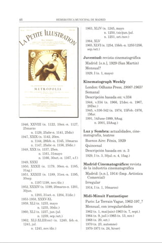 1946, XXVIII (n. 1122, 10en.-n. 1127,
25marzo
n. 1129, 25abr-n. 1141, 25dic)
1947, XXIX(n. 1142, 20en.
n. 1144, 28feb.-n. 1145, lOmarzo
n. 1147, 25abr.-n. 1156, 25dic.)
1948, XXX (n. 1157, 25en.
n. 1161, 31mayo
n. 1166, 30oct.-n. 1167, s.f.)
1949, XXXI
1950, XXXII (n. 1179, 30en.-n. 1185,
31ag.)
1951, XXXIII (n. 1189, 31en.-n. 1195,
30sep.
n. 1197/1198, nov./dic.)
1952, XXXIV(n. 1199, 20marzo-n. 1201,
30jun.
n. 1203, 31oct.-n. 1204, 31dic.)
1953-1958, XXXV-XL
1959, XLI (n. 1233, mayo
n. 1235, 30dic.)
1960, XLI (n. 1237, jun./jul.
n. 1239, sep./oct.)
1962, XLI-XLIII(sic) (n. 1240, feb.-n.
1241, jul.
n. 1243, nov./dic.)
1963, XLIV (n. 1245, mayo
n. 1250, (sic)jun./jul.
n. 1251, oct./nov.)
1964, XLV
1965,XLVT(n. 1254,15feb.-n. 1255/1256,
sep./oct.)
Juventud: revista cinematográfica
Madrid: [s.n.], 1929 (San Martín)
Mensual?
1929.1(n. 1, mayo)
Kinematograph Weekly
London: Odhams Press, 1906?-1965?
Semanal
Descripción basada en: v.334
1944, v.334 (n. 1966, 21dec.-n. 1967,
28Dec.)
1945, v.336-342 (n. 1974, 15Feb.-1976,
IMar.
1991, 14June-1999, 9Aug.
n. 2001, 23Aug.)
Luz y Sombra: actualidades, cine­
matografía, teatros
BuenosAire: Fénix, 1929
Quincenal
Descripción basada en: n. 3
1929.1(n. 3, 30jul.-n. 4, 15ag.)
Madrid Cinematográfico: revista
de la industria cinematográfica
Madrid: [s.n.], 1914 (Imp. Artística
Comercial)
Irregular
1914.1(n. 1, 16marzo)
Midi-Minuit Fantastique
París: LeTerrainVague, 1962-197_?
Mensual, con irregularidades
1962 (n. 1, mai/juin)-1963 (n. 7, sept.)
1964 (n. 9,juil.)-1965 (n. 13, nov.)
1968 (n. 20, oct.)
1970 (n. 23, automne)
1970-1971 (n. 24, hiver)
 