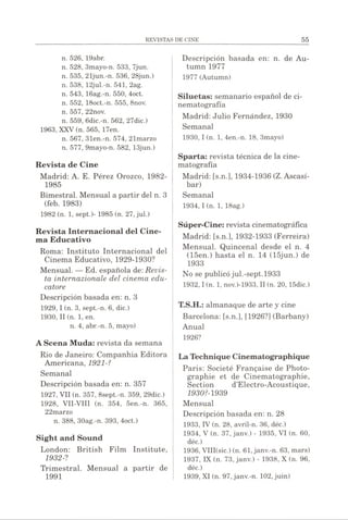 n. 526, 19abr.
n. 528, 3mayo-n. 533, 7jun.
n. 535, 21jun.-n. 536, 28jun.)
n. 538, 12jul.-n. 541, 2ag.
n. 543, 16ag.-n. 550, 4oct.
n. 552, 18oct.-n. 555, 8nov.
n. 557, 22nov.
n. 559, 6dic.-n. 562, 27dic.)
1963, XXV (n. 565, 17en.
n. 567, 31en.-n. 574, 21marzo
n. 577, 9mayo-n. 582, 13jun.)
Revista de Cine
Madrid: A. E. Pérez Orozco, 1982-
1985
Bimestral. Mensual a partir del n. 3
(feb. 1983)
1982 (n. 1, sept.)- 1985 (n. 27,jul.)
Revista Internacional del Cine­
ma Educativo
Roma: Instituto Internacional del
Cinema Educativo, 1929-1930?
Mensual. — Ed. española de: Revis­
ta internazionale del cinema edu-
catore
Descripción basada en: n. 3
1929,1 (n. 3, sept.-n. 6, dic.)
1930, II (n. 1, en.
n. 4, abr.-n. 5, mayo)
A Scena Muda: revista da semana
Rio de Janeiro: Companhia Editora
Americana, 1921-?
Semanal
Descripción basada en: n. 357
1927, VII (n. 357, 8sept.-n. 359, 29dic.)
1928, VII-VIII (n. 354, 5en.-n. 365,
22marzo
n. 388, 30ag.-n. 393, 4oct.)
Sight and Sound
London: British Film Institute,
1932-1
Trimestral. Mensual a partir de
1991
Descripción basada en: n. de Au-
tumn 1977
1977 (Autumn)
Siluetas: semanario español de ci­
nematografía
Madrid: Julio Fernández, 1930
Semanal
1930.1(n. 1, 4en.-n. 18, 3mayo)
Sparta: revista técnica de la cine­
matografía
Madrid: [s.n.], 1934-1936 (Z.Ascasí-
bar)
Semanal
1934.1(n. 1, 18ag.)
Súper-Cine: revista cinematográfica
Madrid: [s.n.], 1932-1933 (Ferreira)
Mensual. Quincenal desde el n. 4
(15en.) hasta el n. 14 (15jun.) de
1933
No se publicójul.-sept.1933
1932.1(n. 1, nov.)-1933, II (n. 20,15dic.)
T.S.H.: almanaque de arte y cine
Barcelona: [s.n.], [1926?] (Barbany)
Anual
1926?
La Technique Cinématographique
Paris: Société Française de Photo­
graphie et de Cinématographie,
Section d’Electro-Acoustique,
1930?-1939
Mensual
Descripción basada en: n. 28
1933, IV (n. 28, avril-n. 36, déc.)
1934, V (n. 37, janv.) - 1935, VI (n. 60,
déc.)
1936, VIIKsic.) (n. 61,janv.-n. 63, mars)
1937, IX (n. 73, janv.) - 1938, X (n. 96,
déc.)
1939, XI (n. 97, janv.-n. 102,juin)
 