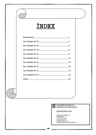 19
Generalitat de Catalunya
Departament d’Ensenyament
Escola Ernest Lluch
Passeig de l’Estació 15
08630 Abrera
Tel. 93 770 12 13
Fax 93 770 51 54
a8059822@xtec.cat
http://blocs.xtec.cat/ceipernestlluch
ÍNDEXÍNDEXÍNDEXÍNDEX
Presentació 1
Les classes de 6è 2
Les classes de P5 4
Les classes de P3 6
Les classes de 4t 8
Les classes de 2n 10
Les classes de 5è 12
Les classes de 3r 14
Les classes de 1r 16
Les classes de P4 18
Índex 20
-20-
 
